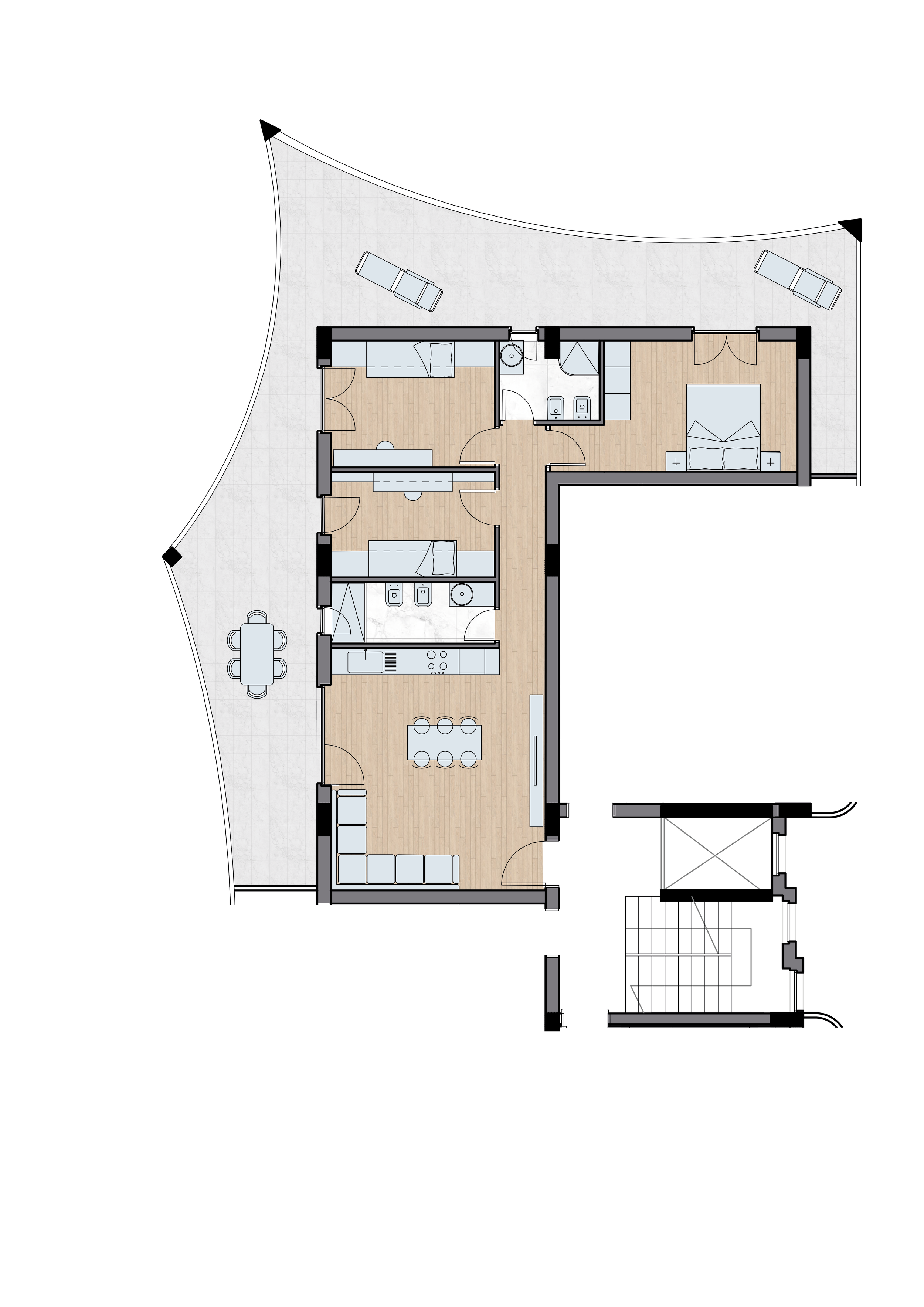 Quadrilocale con zona living ed angolo cottura, tre camere e doppi servizi igienici, completo di ampio terrazzo coperto e giardino, con esposizione tripla