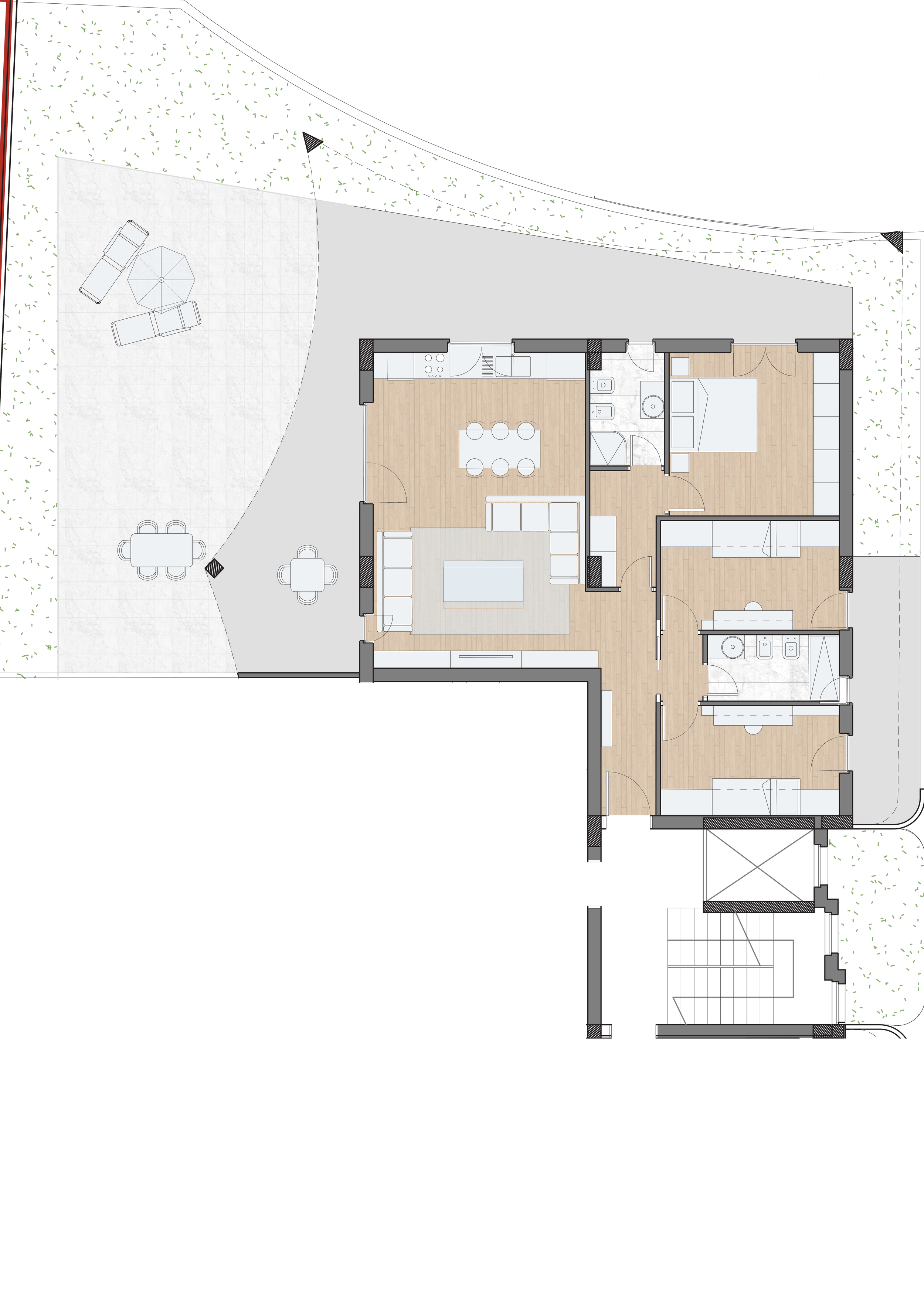 Quadrilocale con spaziosa zona living, tre camere e doppi servizi igienici, complete di ampio terrazzo coperto e giardino, con esposizione tripla.