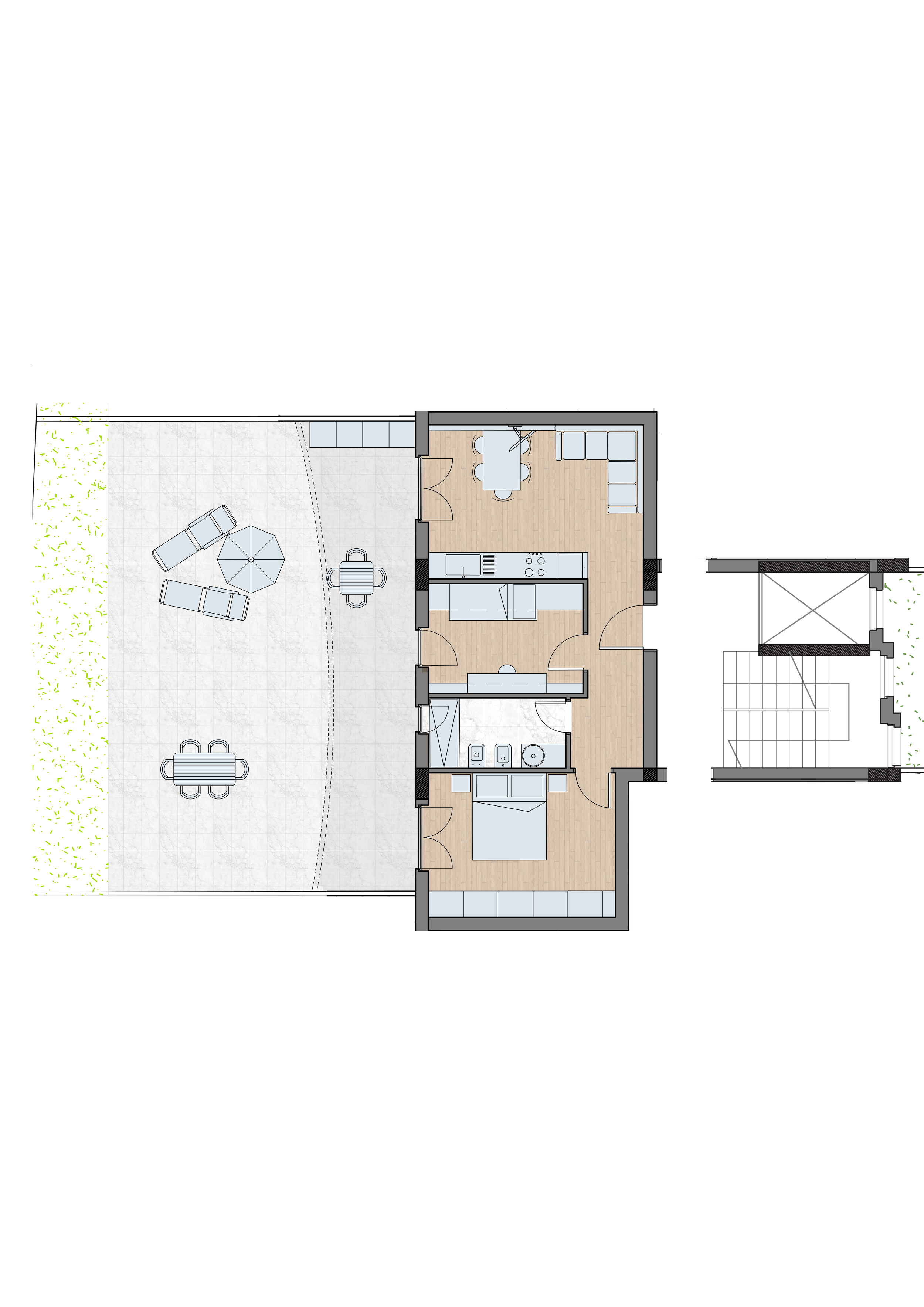 Trilocale con zona living, due camere e bagno,, completo di ampio terrazzo coperto e giardino.