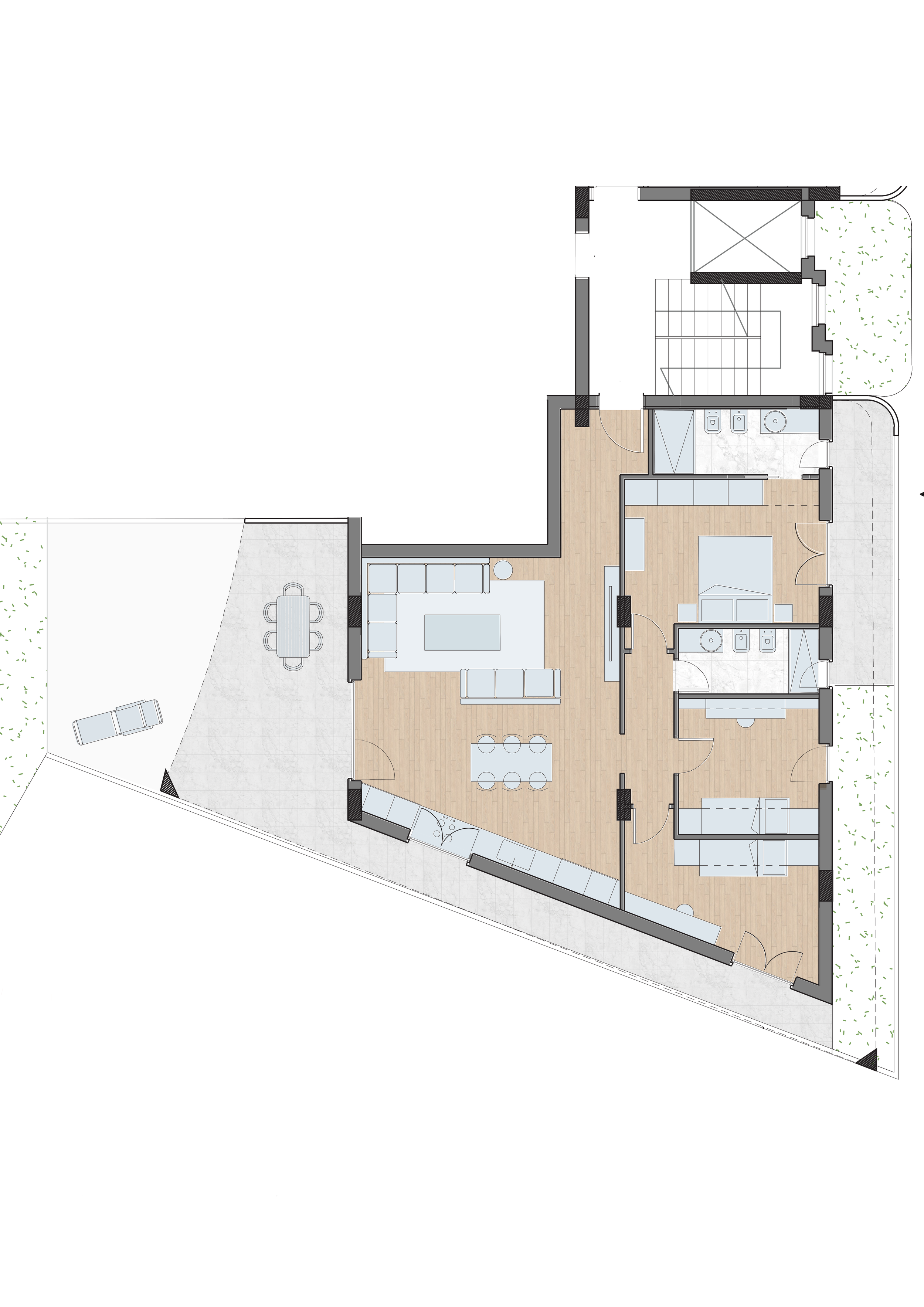 Quadrilocale con spaziosa zona living, tre camere e doppi servizi igienici, complete di ampio terrazzo coperto e giardino, con esposizione tripla.