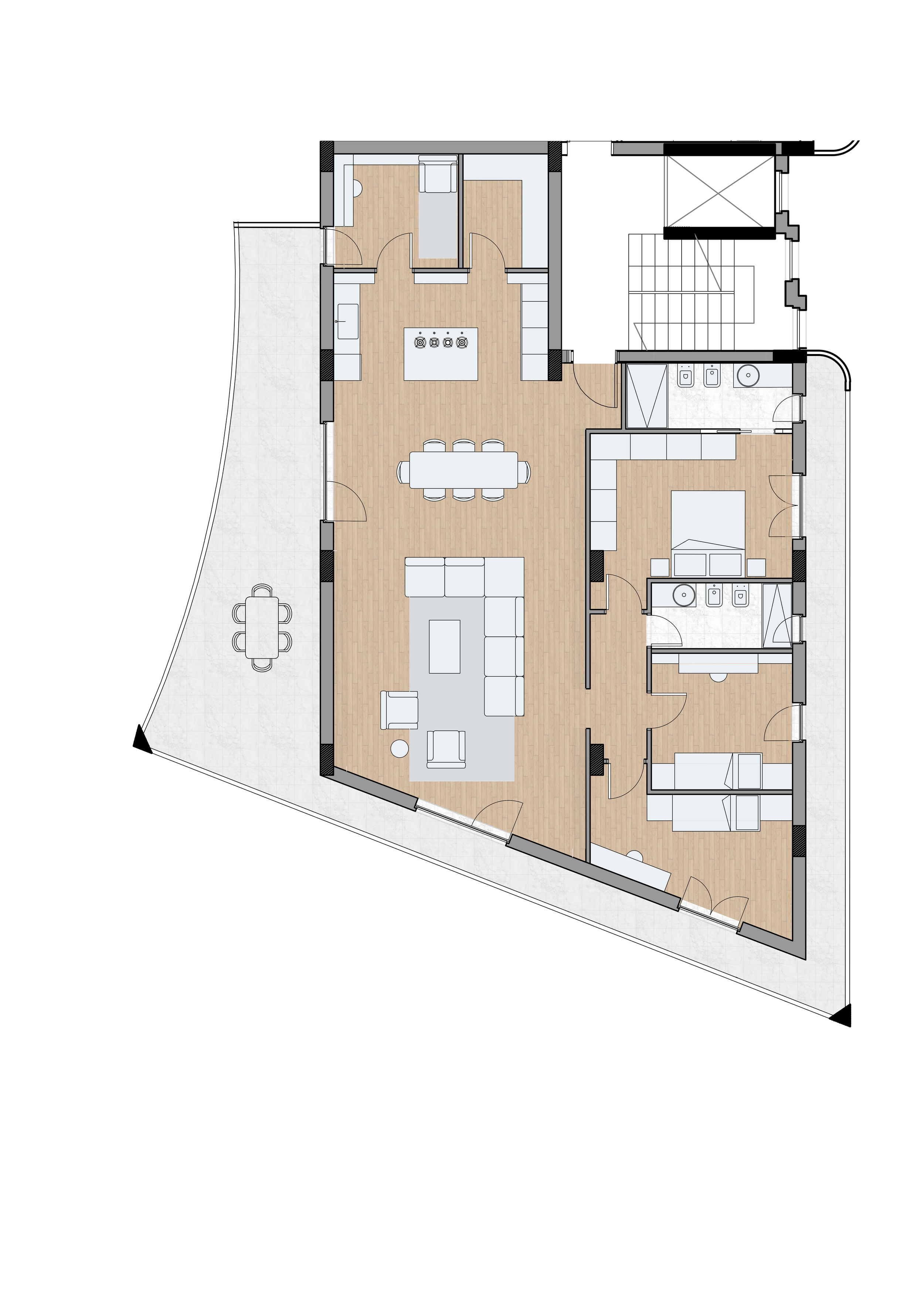 Appartamento composto da ampia zona living e cucina, spazi di servizio per lavanderia, dispensa e studio. Zona notte con due camere singole, bagno, suite matrimoniale con bagno in camera. Completato da grande balzone interamente coperto esposto su tr