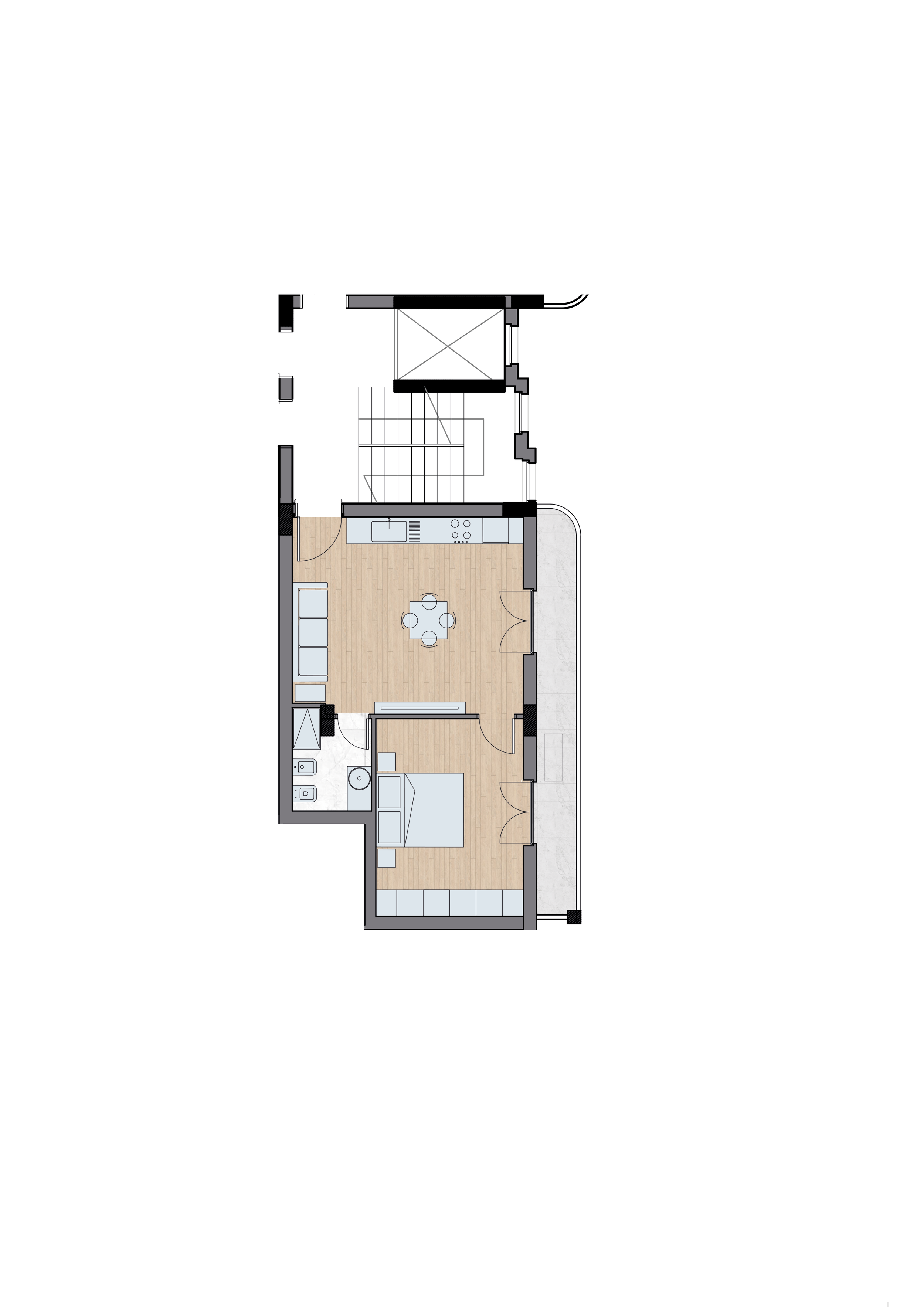 Bilocale con zona living ed angolo cottura, camera matrimoniale e bagno, complete di balzone su tutto il fronte di affaccio dell'appartamento.