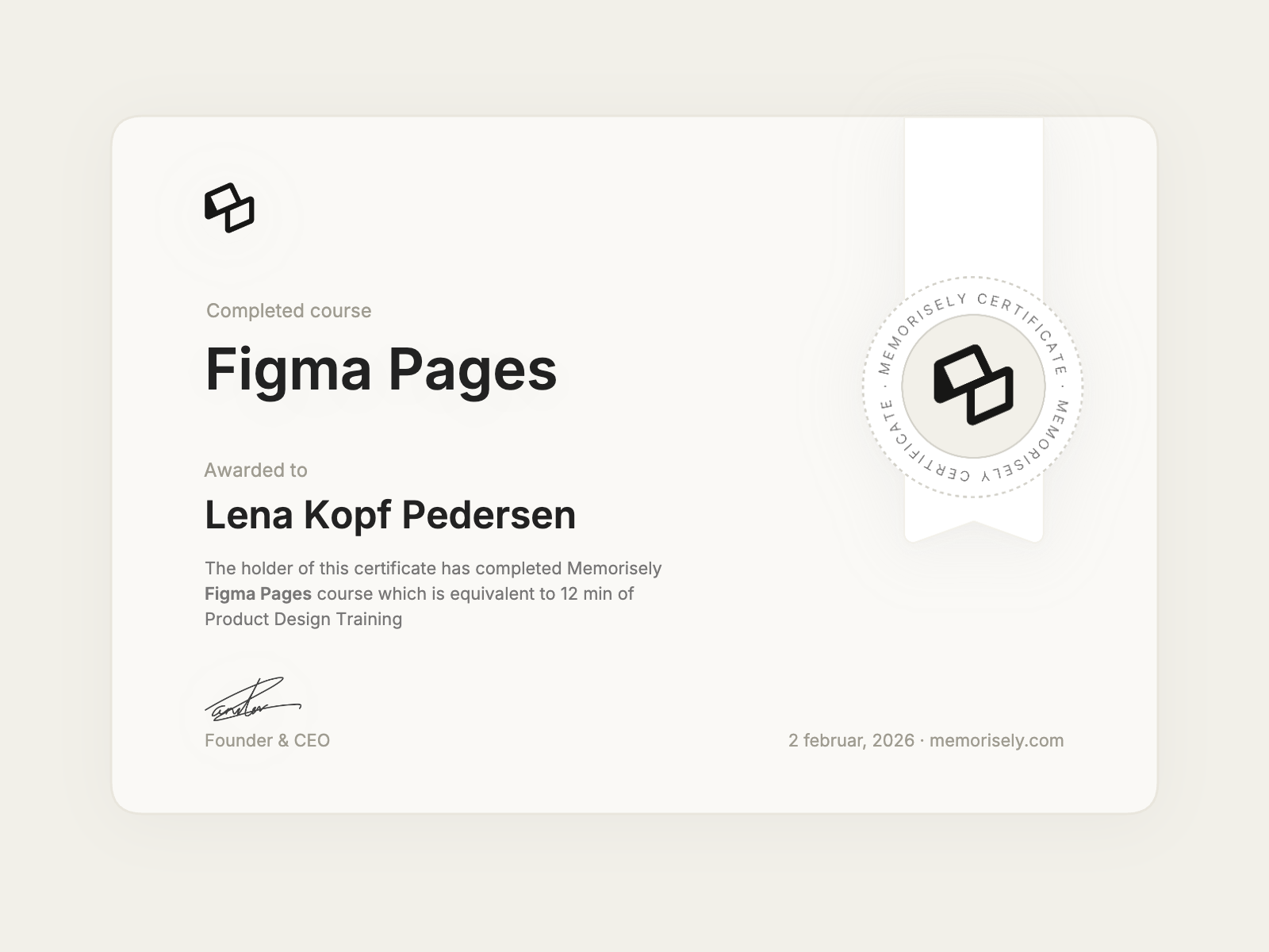 Memorisely Course Certificate - Figma Pages
