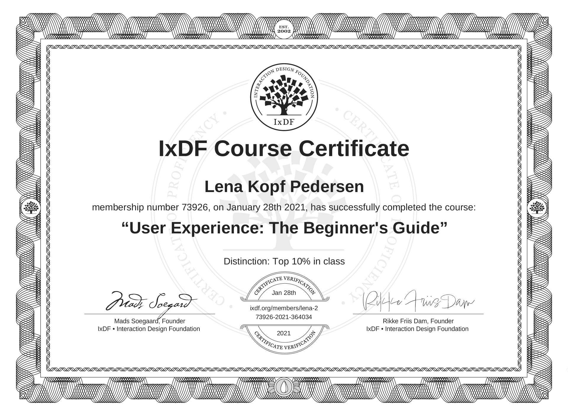 IxDF Course Certificate User Expirience Lena Kopf Pedersen