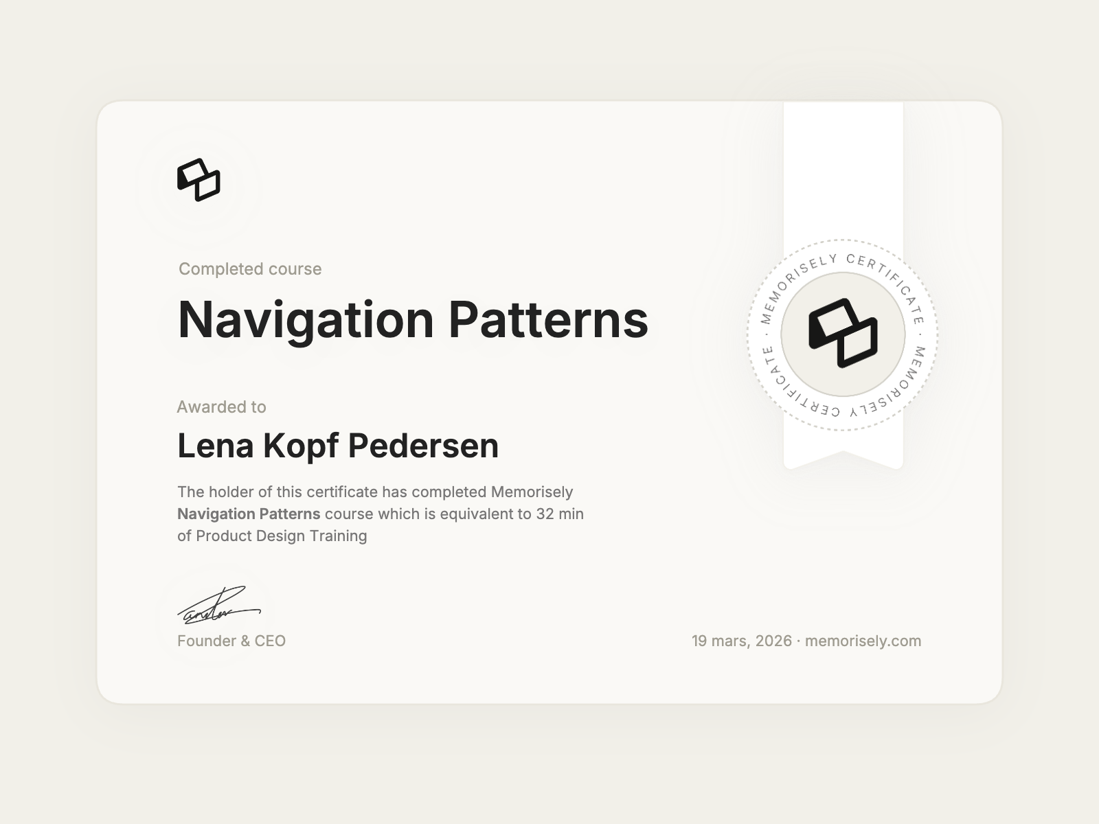 Memorisely Course Certificate - Navigation Patterns