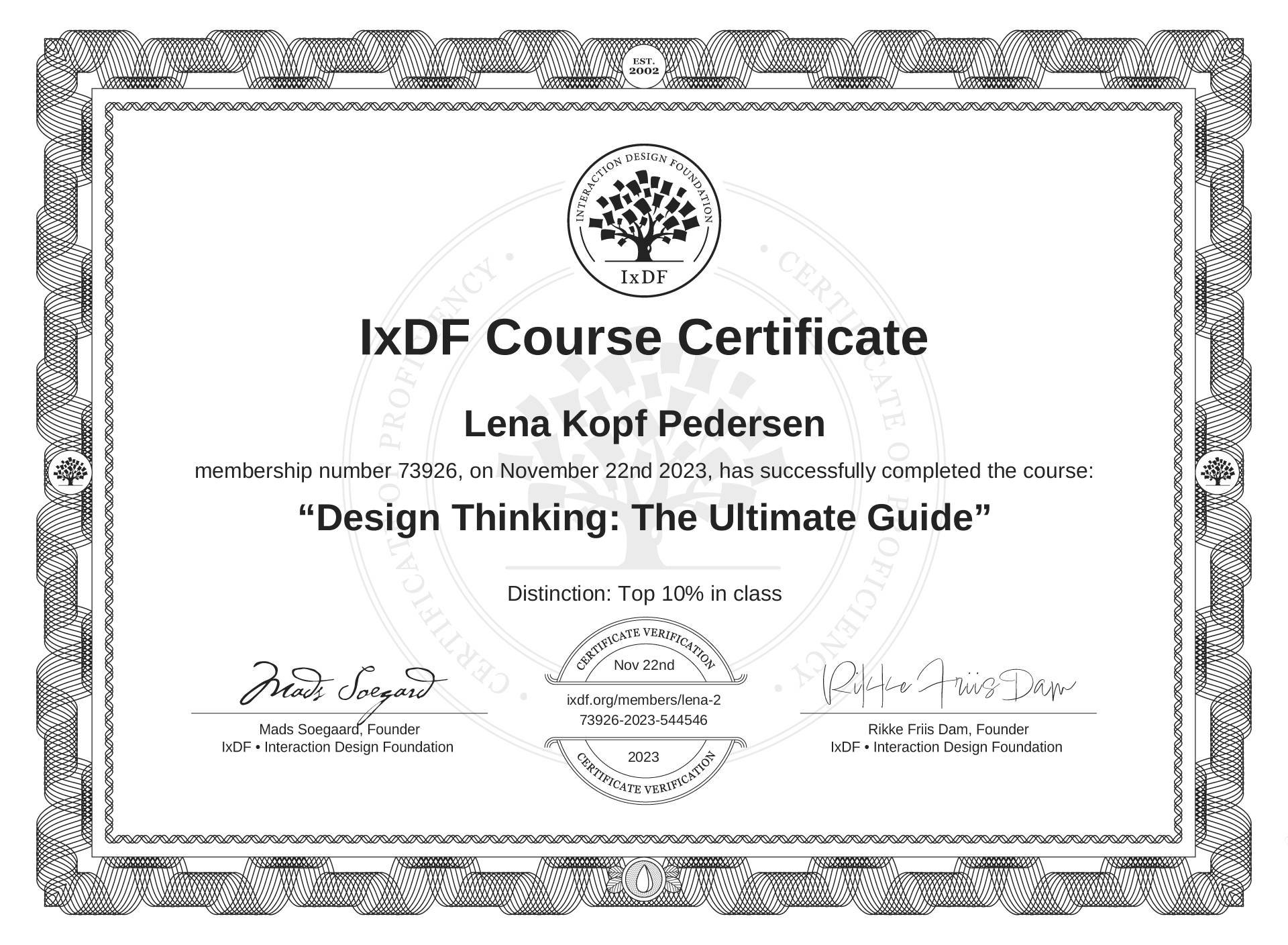 IxDF Course Certificate Design Thinking Lena Kopf Pedersen