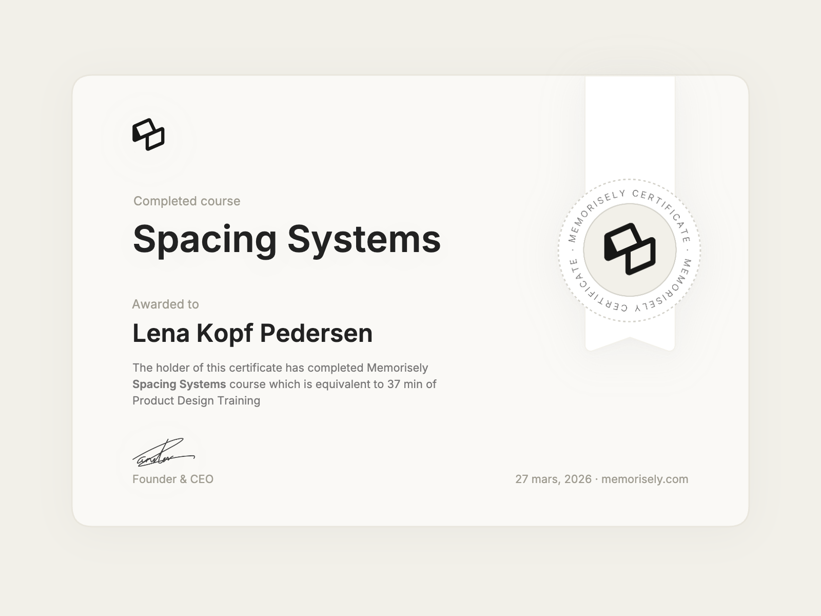 Memorisely Course Certificate - Spacing Systems