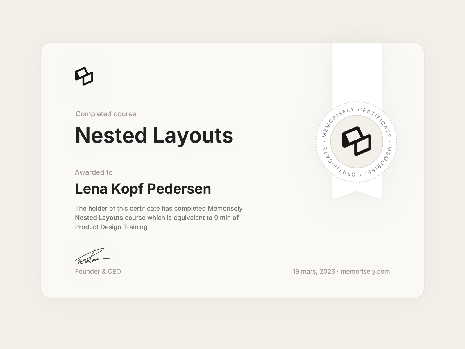 Memorisely Course Certificate - Nested Layouts