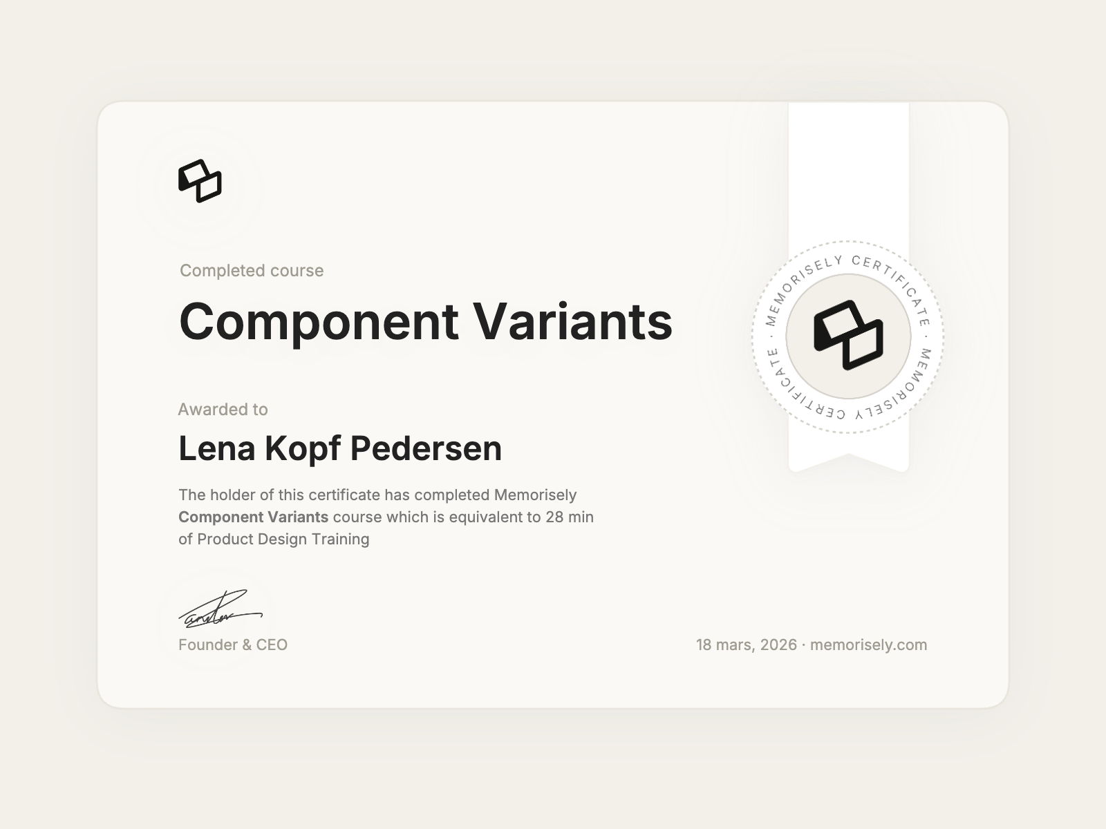 Memorisely Course Certificate - Component Variants