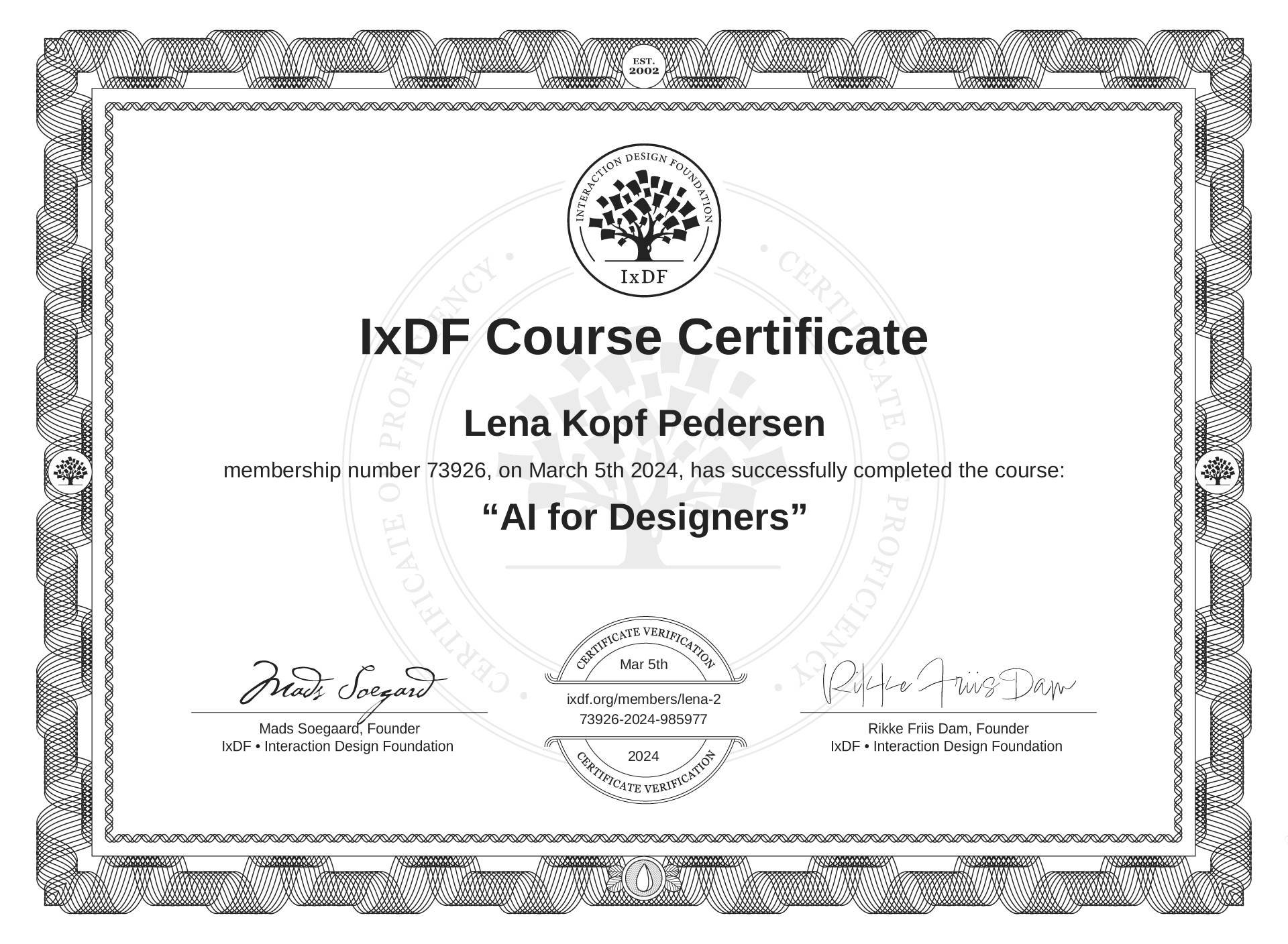 IxDF Course Certificate AI for Designers Lena Kopf Pedersen