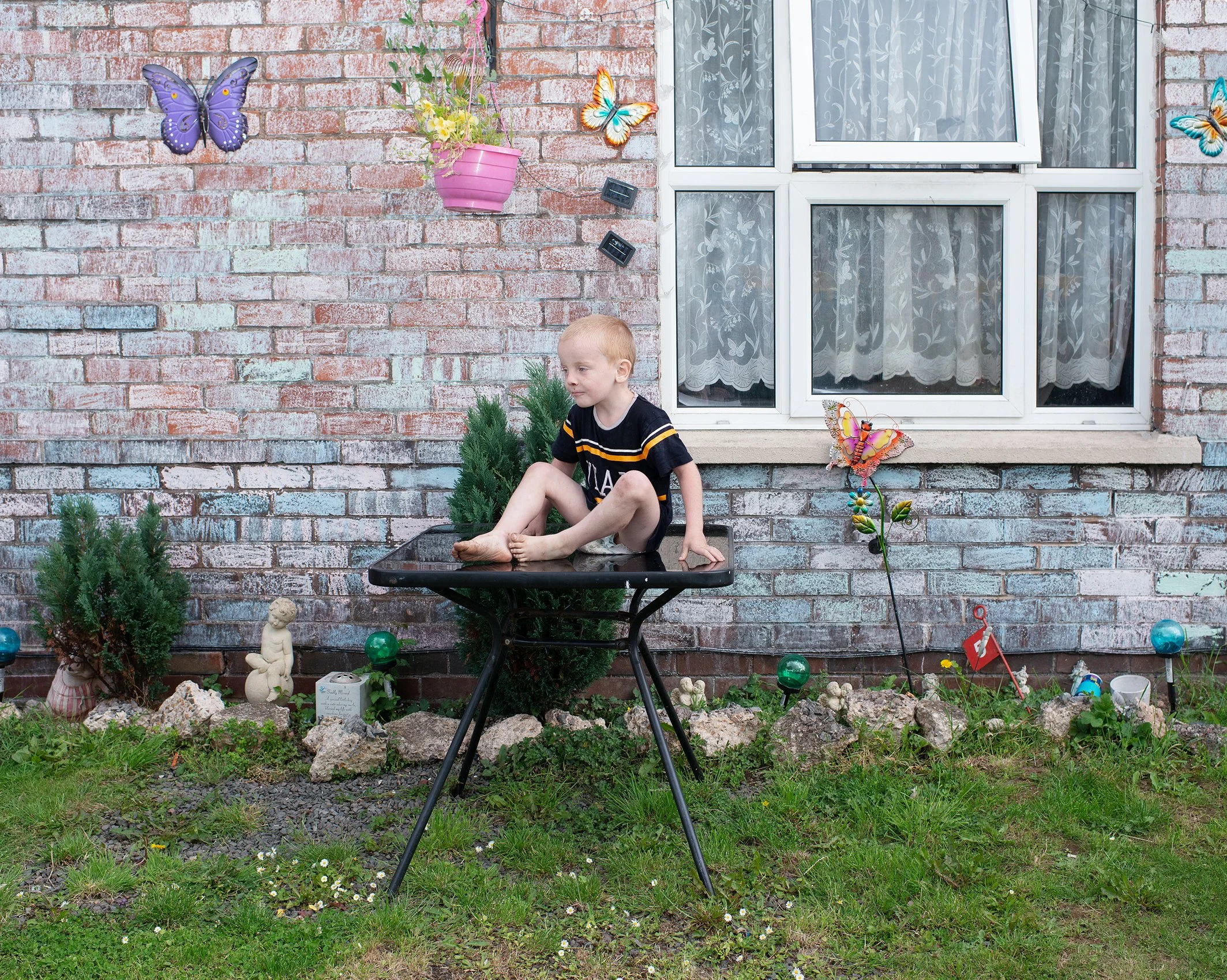 Young boy with butterflies in his front garden