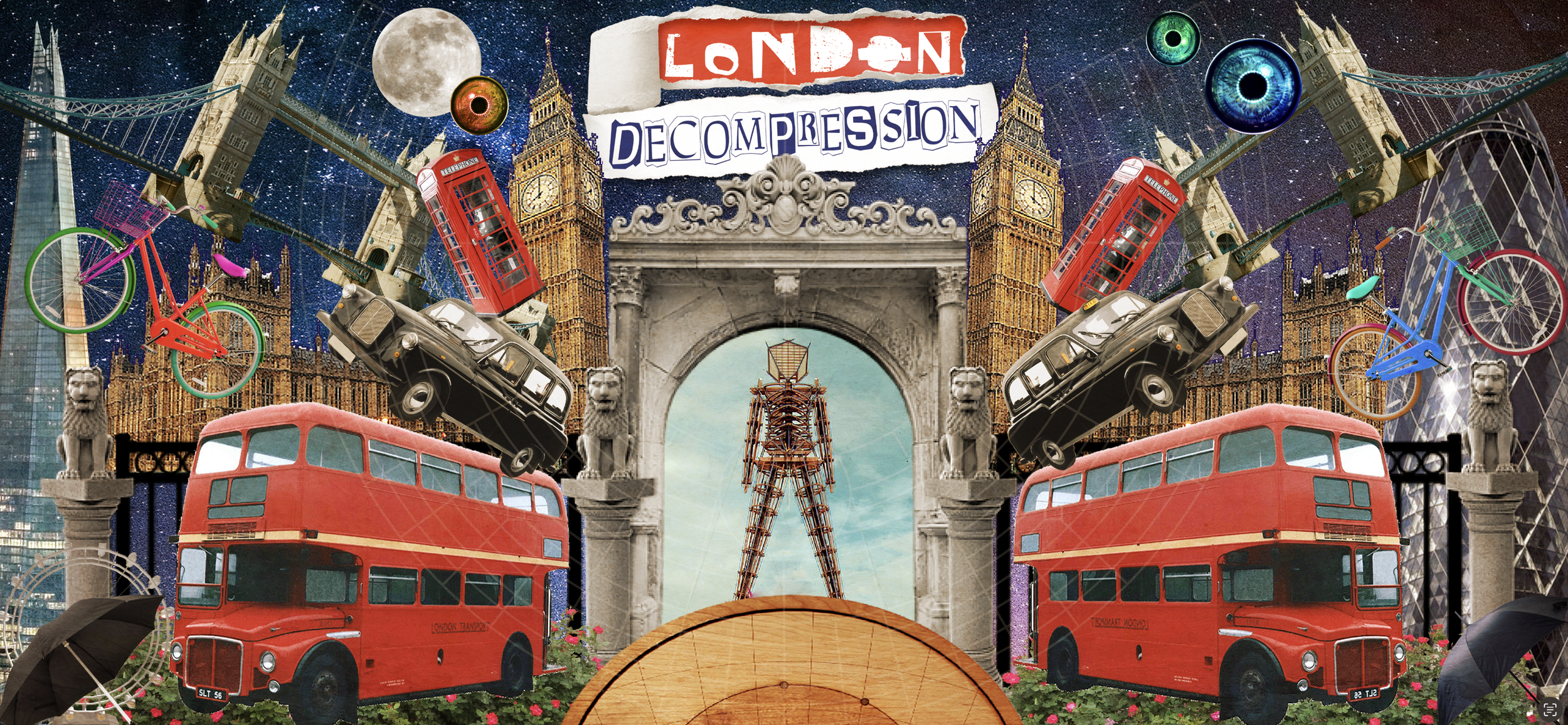A collage of London-themed objects, including the Big Ben clock towers, red double-decker buses, a London Underground sign, black cabs, and iconic red telephone booths, set against a starry night sky with a full moon, colorful bicycles, eyeball decorations, and large stone lion statues.