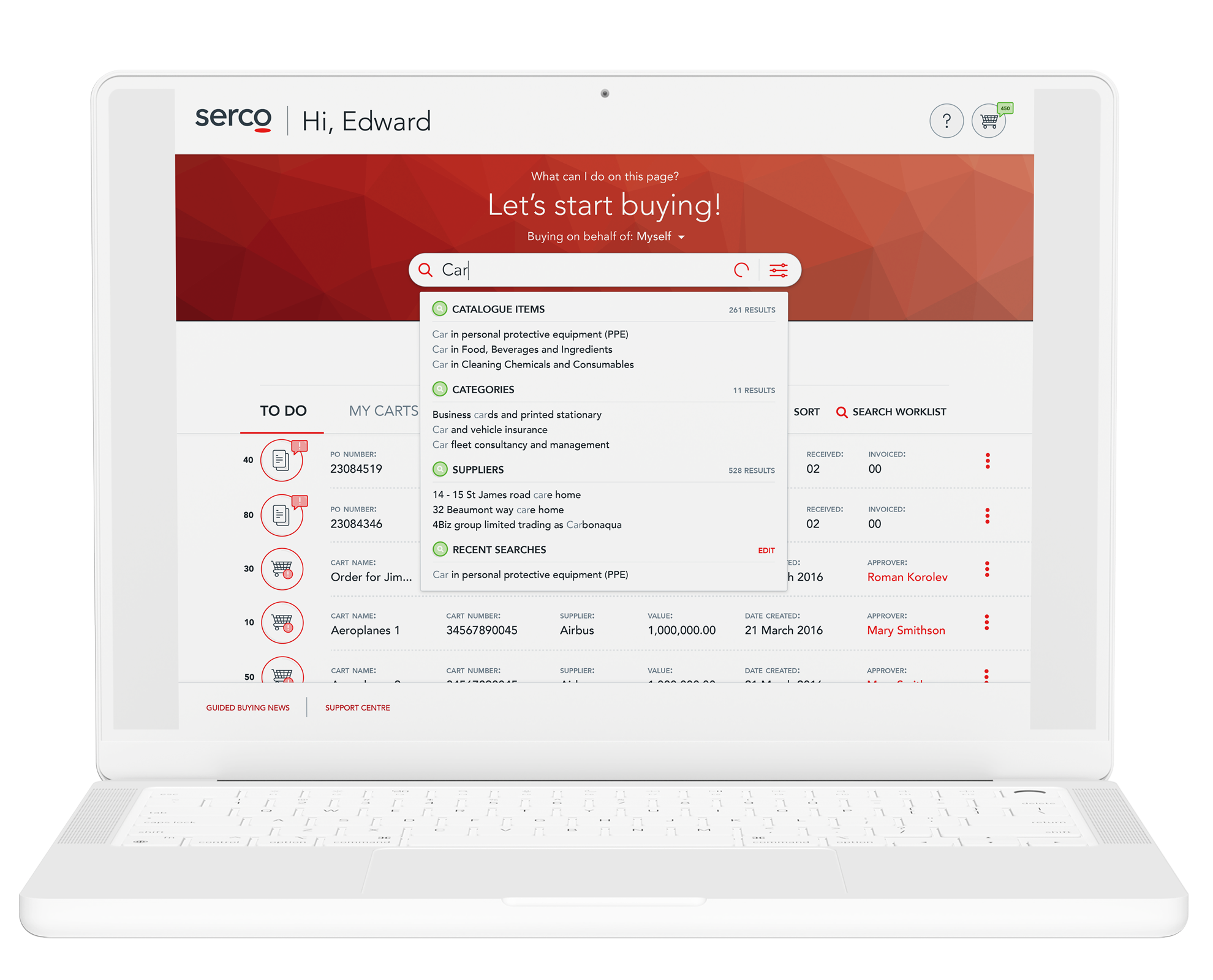 Laptop screen displaying an inventory management software with a red header. The interface shows a search bar with the word 'Car', search suggestions, and a list of inventory items, categories, and recent searches. The user's name 'Hi, Edward' appears at the top, with a shopping cart icon and notification badges.