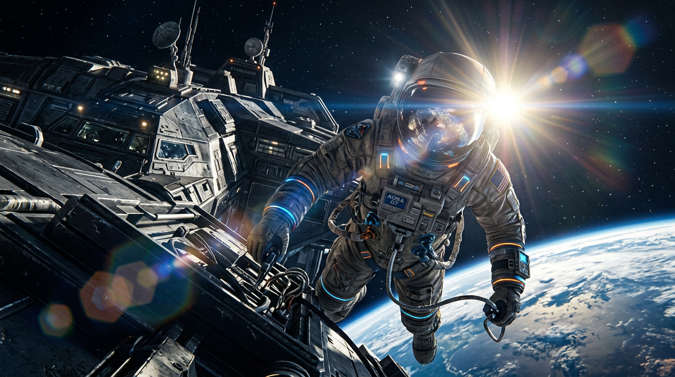 Firefly_scifi astronaut outside spaceship with lens flare from helmet visor 445887.png