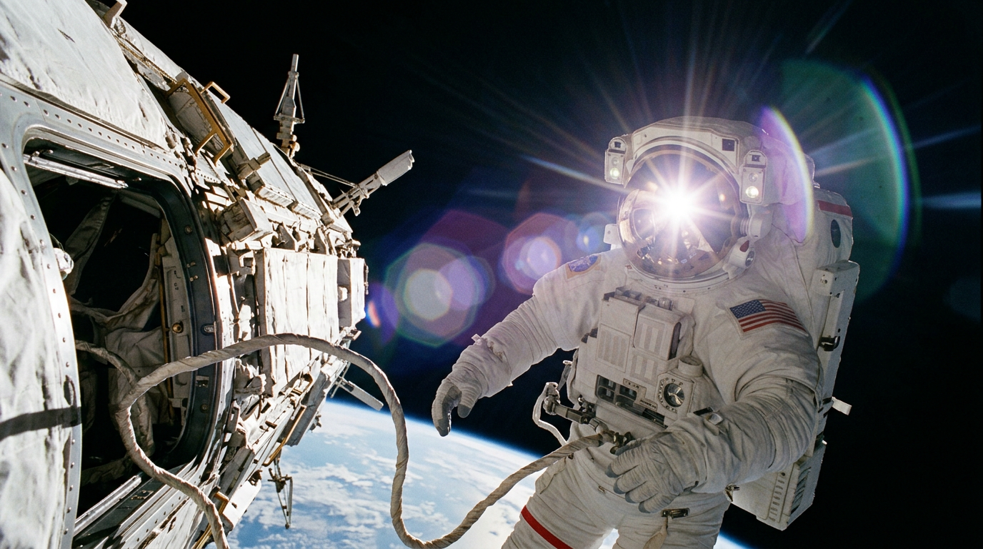 Firefly_astronaut outside spaceship with lens flare from helmet visor 324290.png