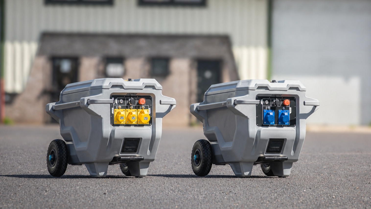 Two mobile industrial power supply units on wheels, one with yellow and the other with blue connectors, placed on a paved surface outdoors with industrial buildings in the background.