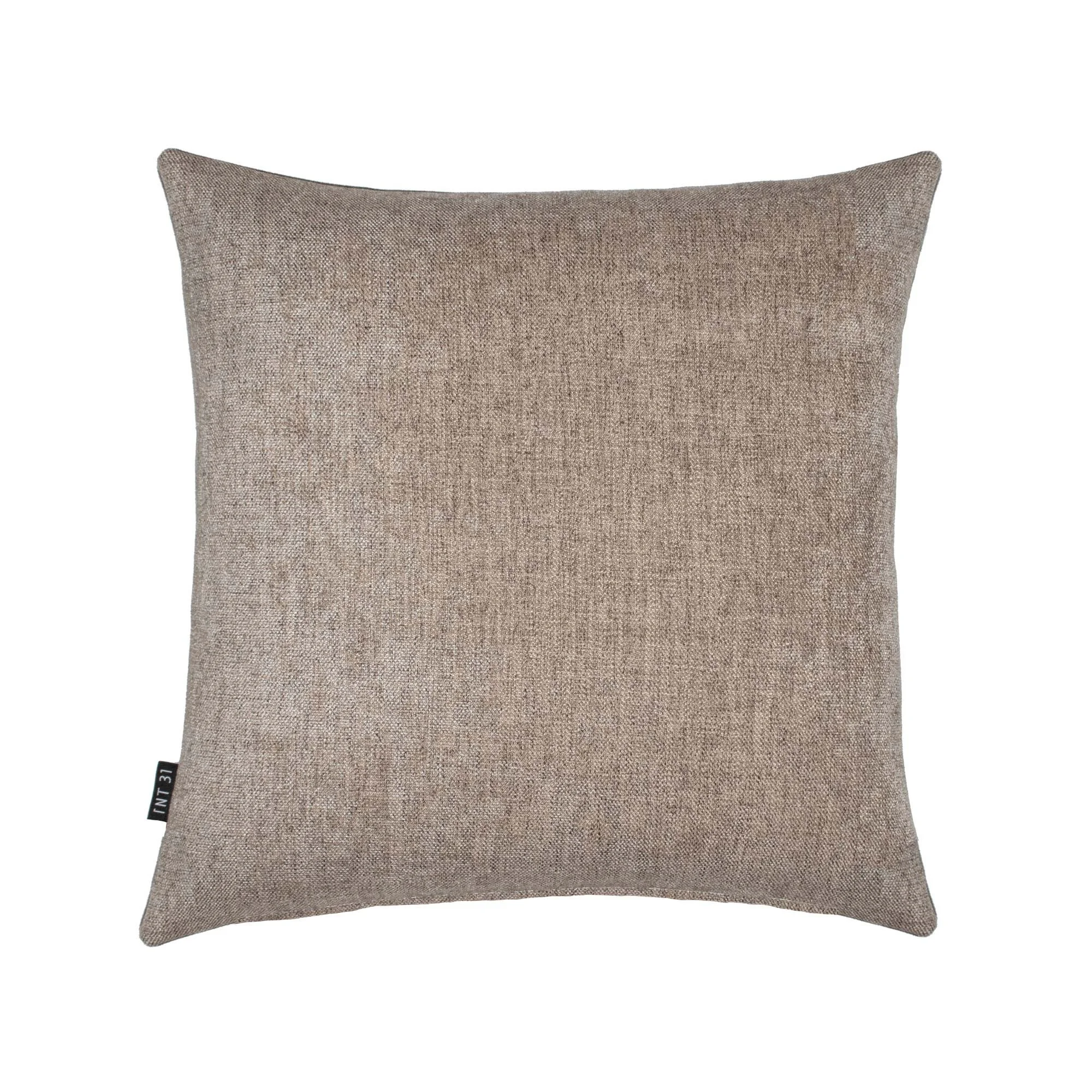 RAIO_03 decorative cushion in brown tonal textile with brown leather panel and abstract beige embroidered line detail