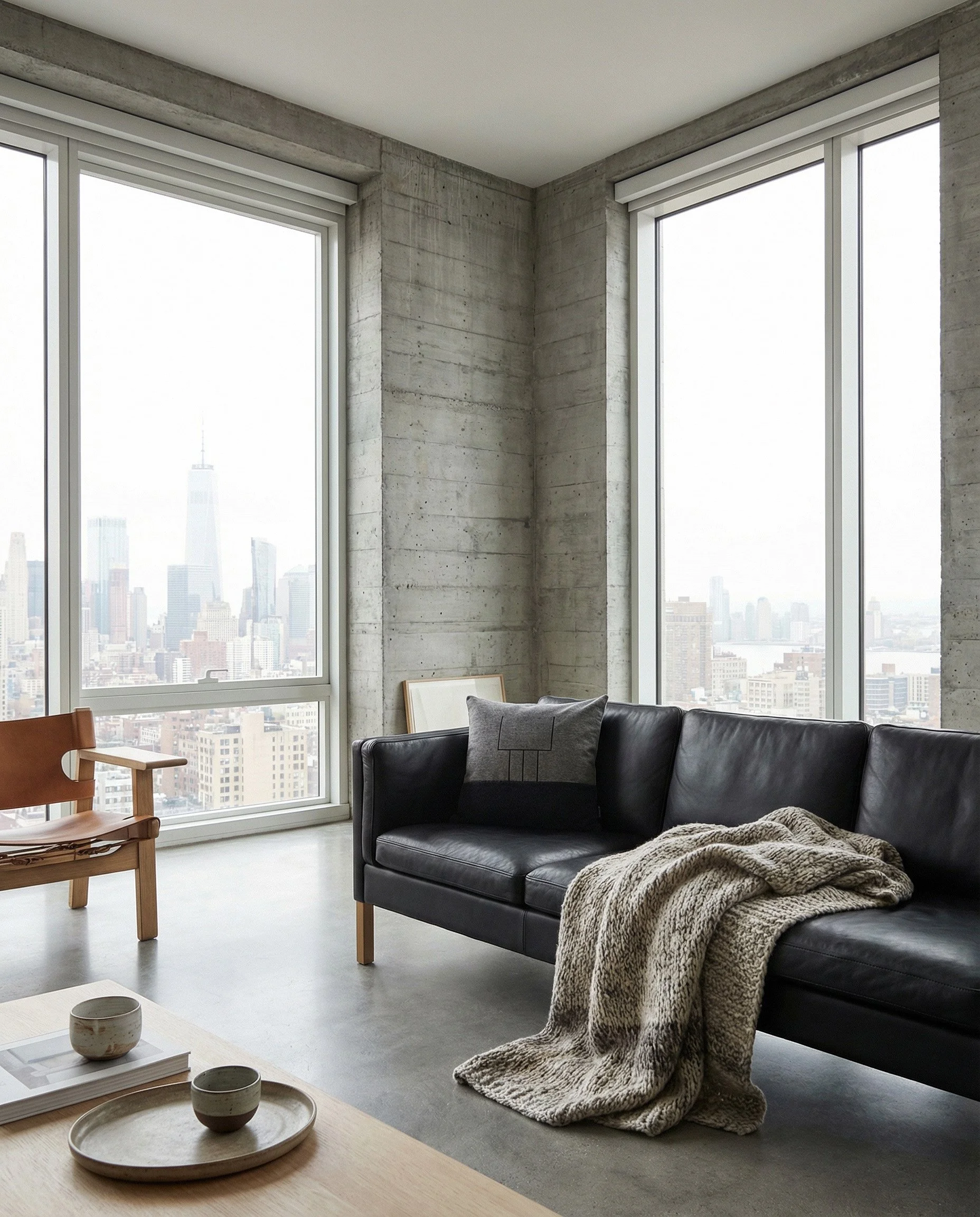 pillow AIRE_03 placed naturally on a black leather couch in a brutalist home with a blanket.jpg