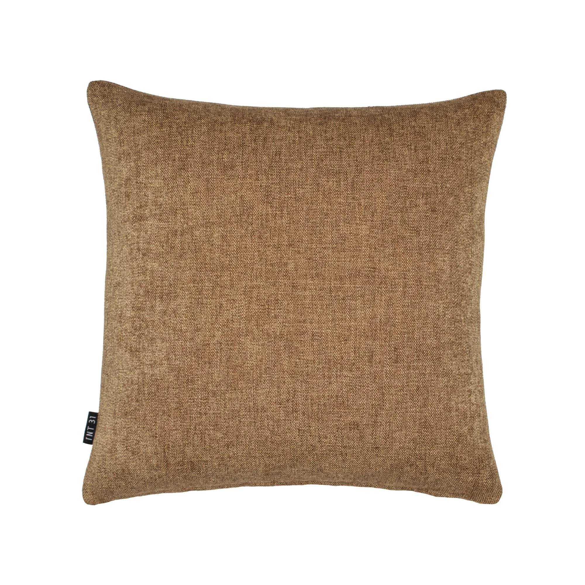 BASARI_03 decorative cushion in warm brown textile with dark brown leather panel and tonal curved beige embroidery