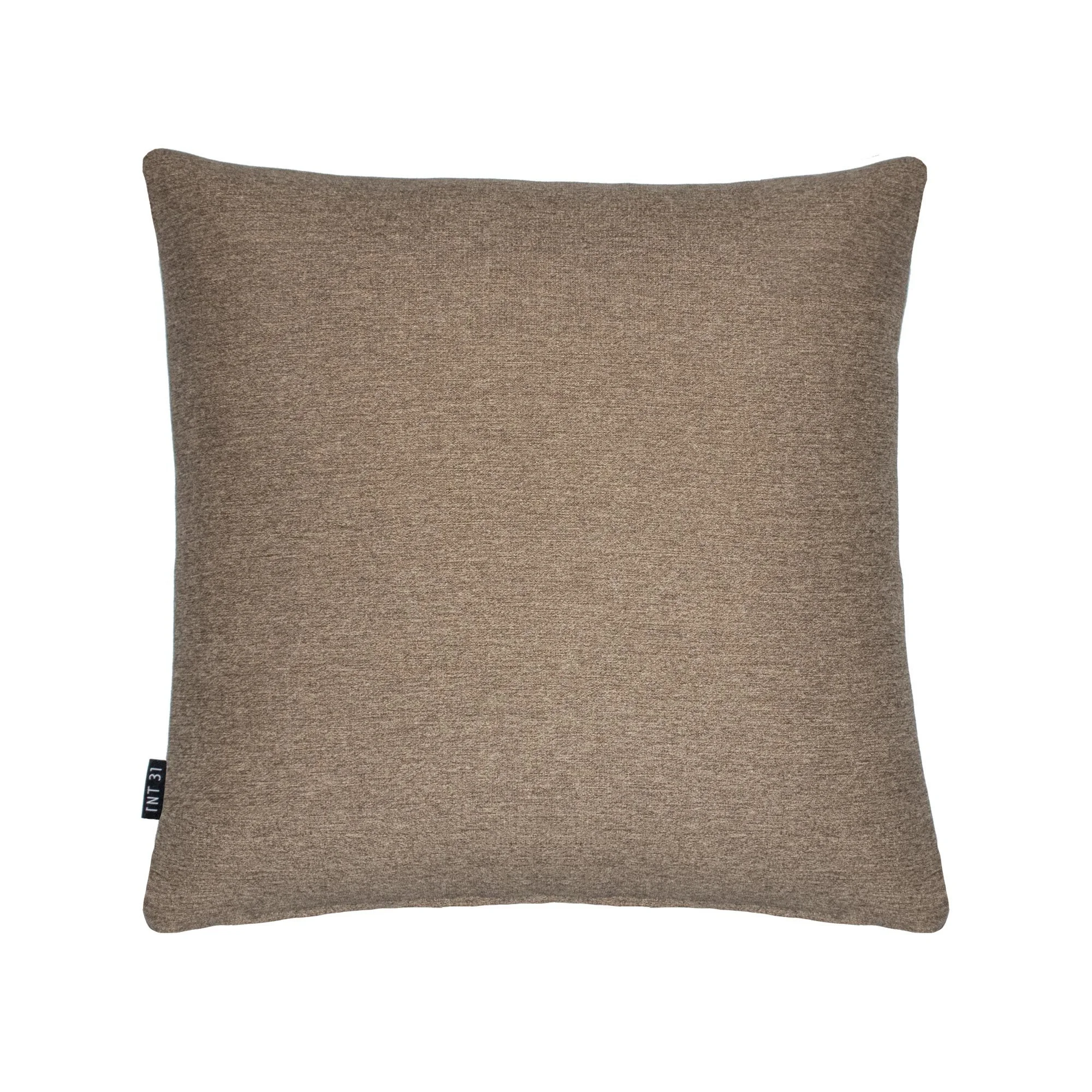 USKO_01 decorative cushion in beige and brown textile with black leather panel and abstract chartreuse embroidered detail