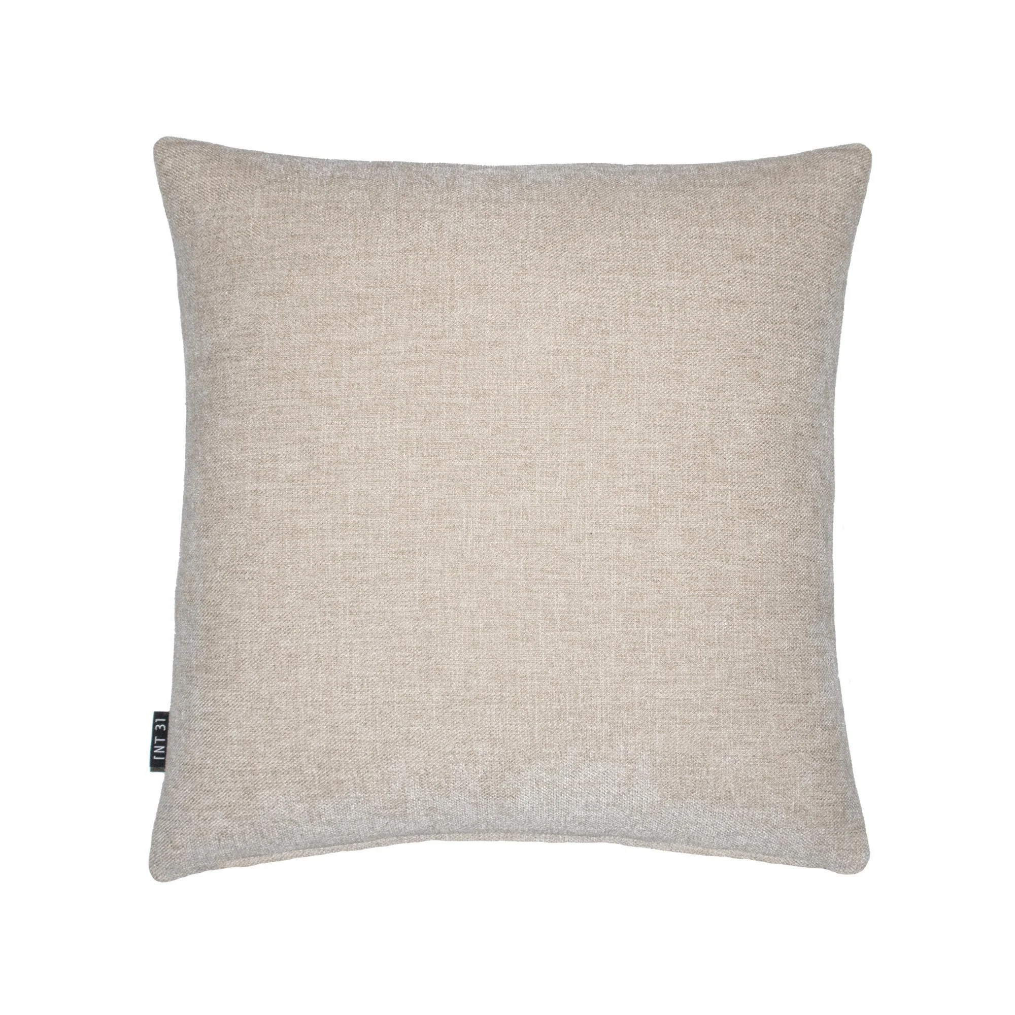 RAIO_02 decorative cushion in beige textile with tan leather panel and abstract white embroidered line detail