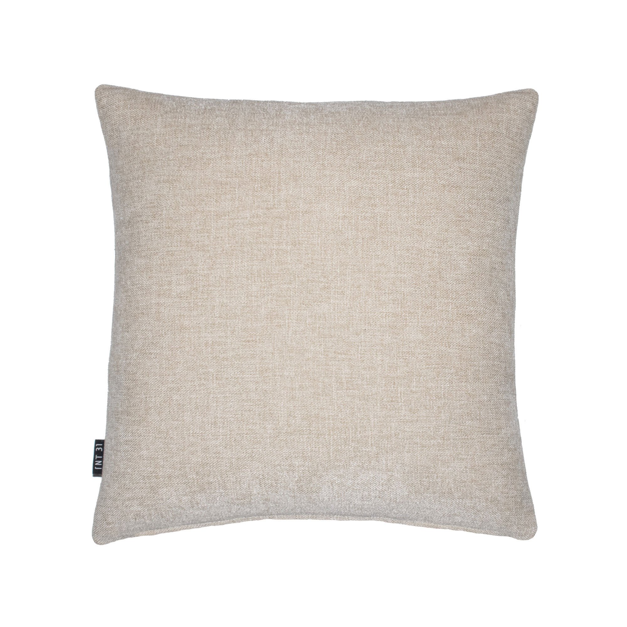 Decorative cushion in beige and brown textile with dark green leather panel and olive curved embroidery