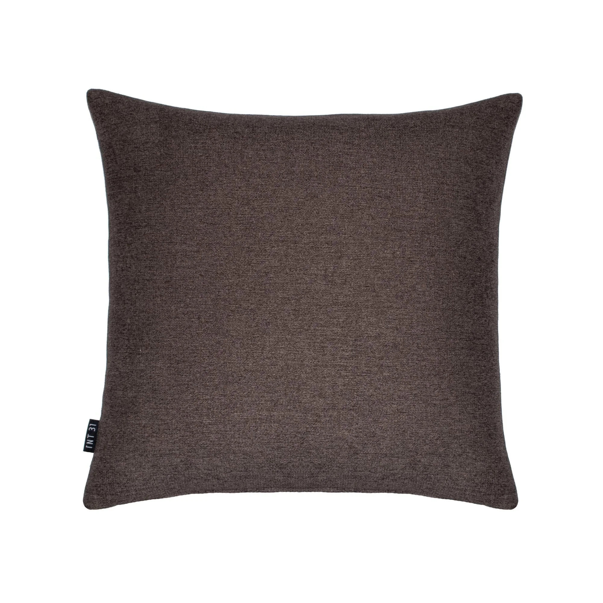 USKO_02 decorative cushion in brown and sepia textile with brown leather panel and abstract vermillion embroidered detail