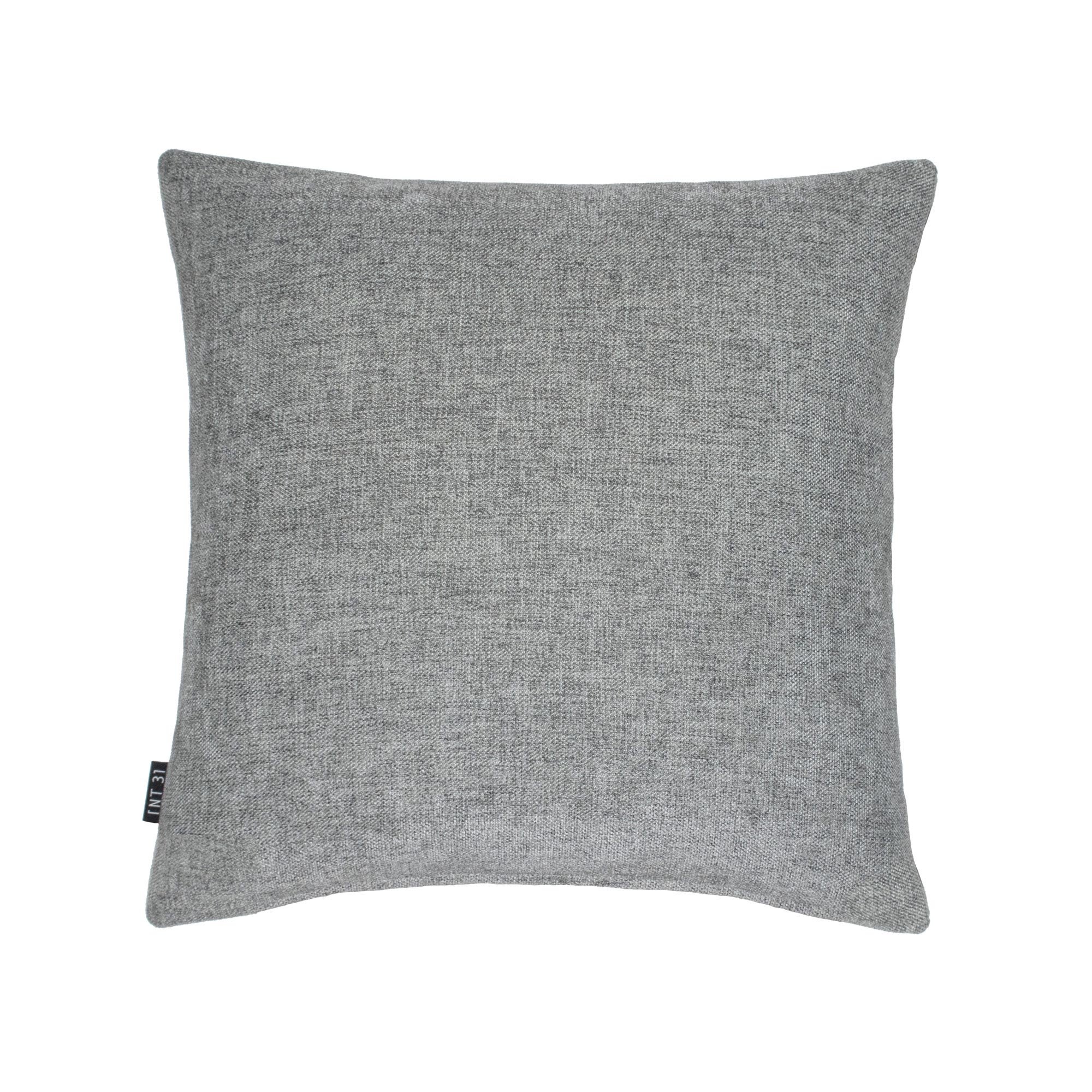 ELAMA_01 decorative cushion in brown and grey textile with central light grey leather panel and black stitched line detail