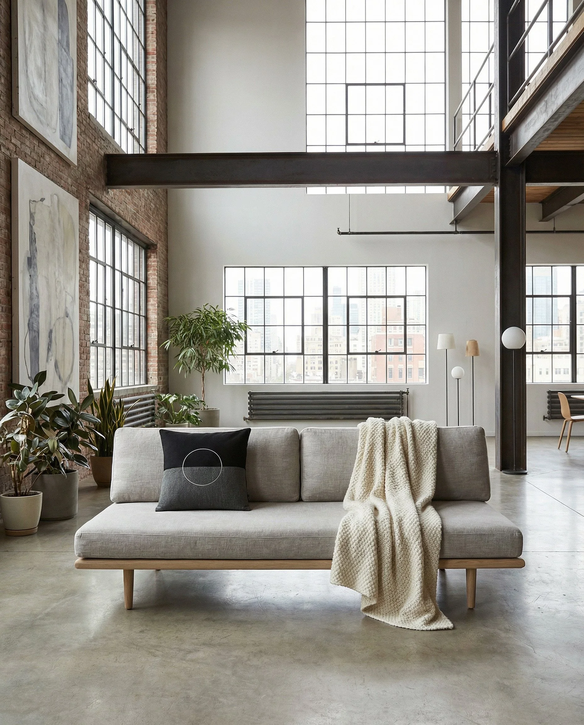 pillow LUAR_01 placed naturally in an industrial living room on a modern couch with a blanket.jpg