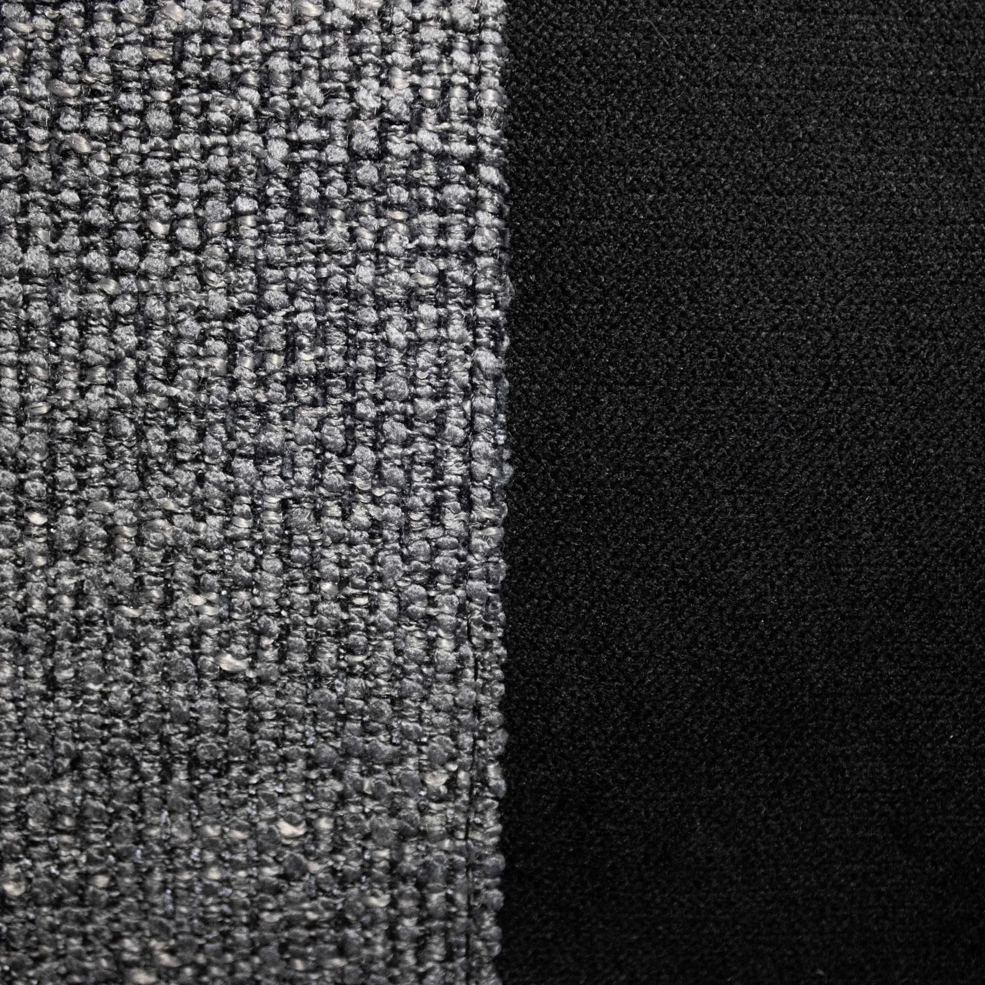 LUAR_01 decorative cushion in black and grey textile with light grey circular embroidery detail