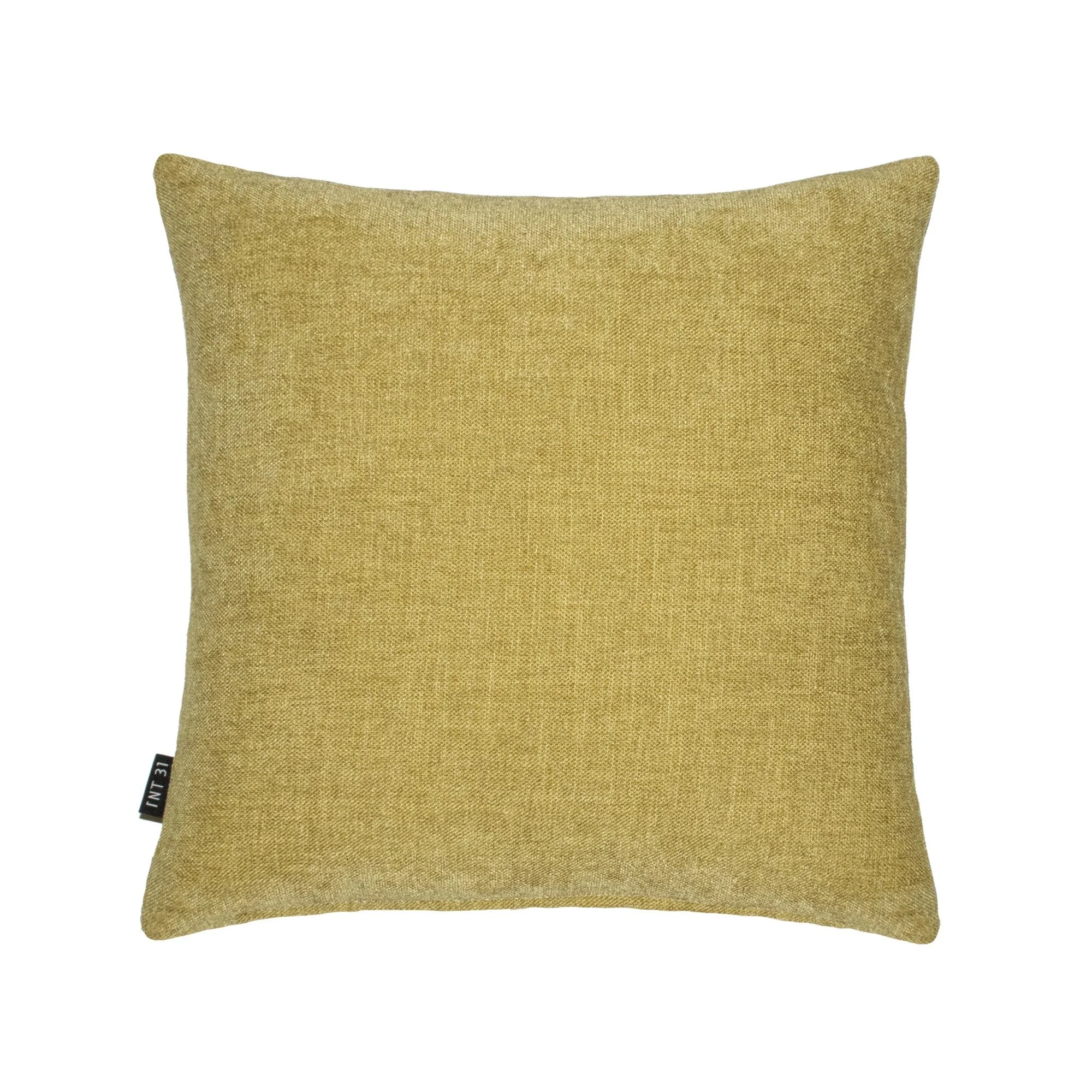 ELAMA_02 decorative cushion in beige and pistachio green textile with central forest green leather panel and white stitched white line detail