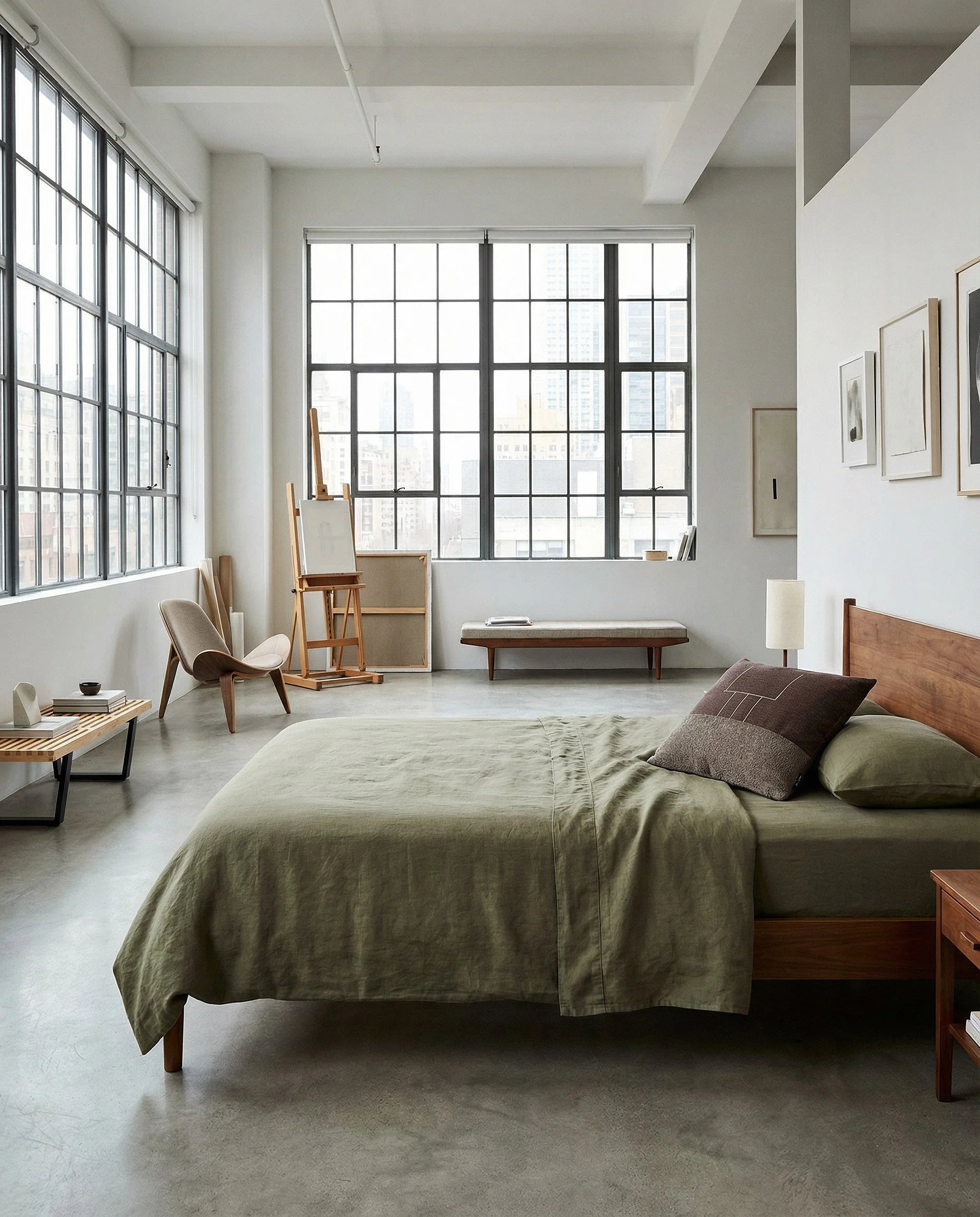 pillow AIRE_02 naturally placed on a bed with olive green colored bedsheets.jpg