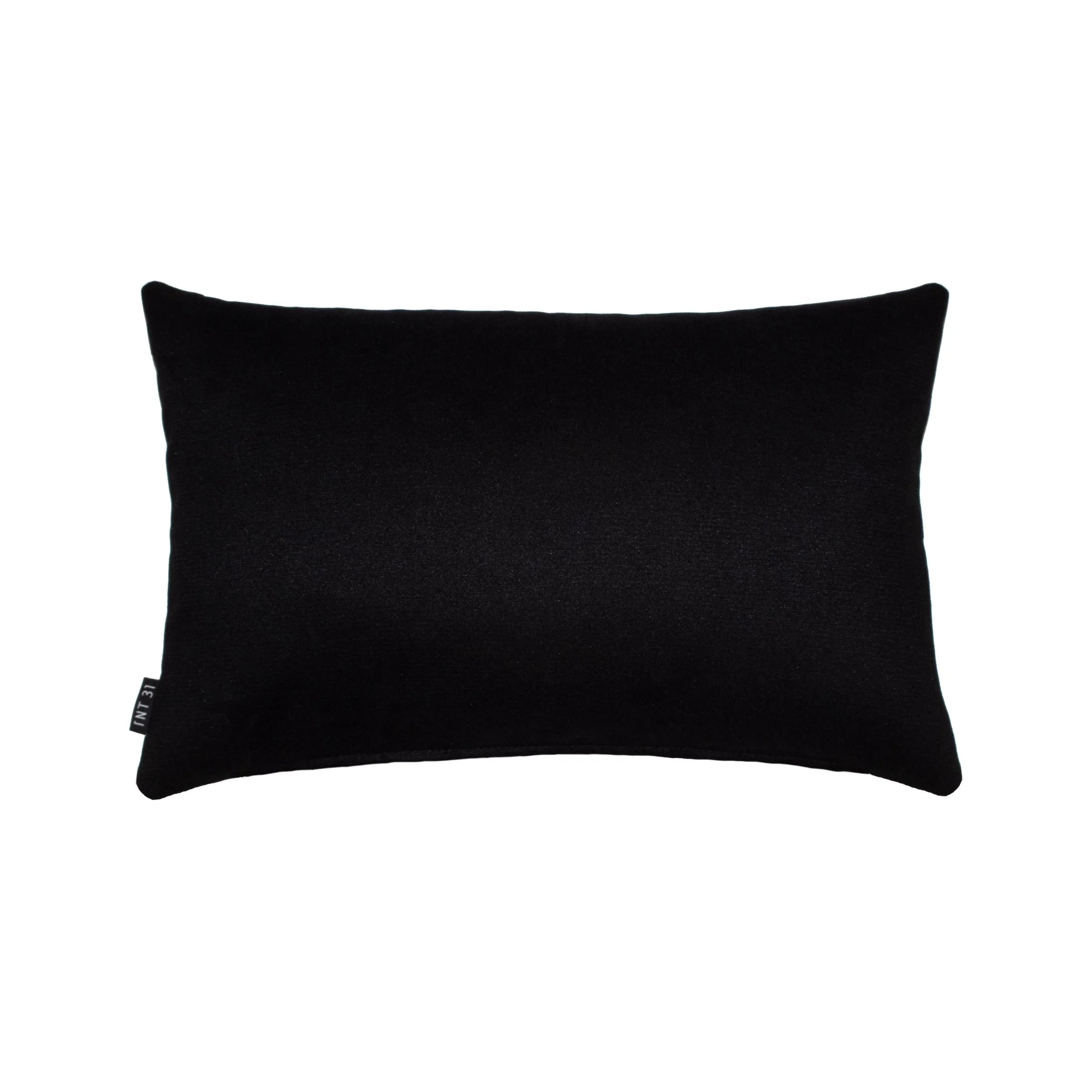 NASARA_02 decorative cushion in black and grey textile with light grey leather panel and vertical yellow stitched detail