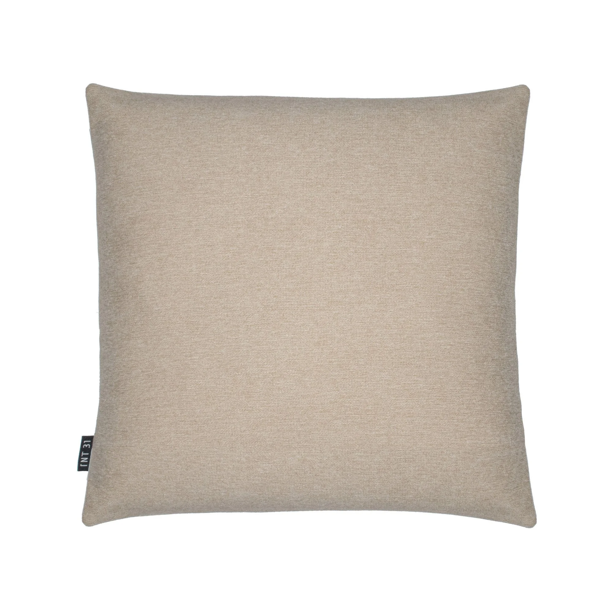 LUAR_03 decorative cushion in beige and cream textile with central black circular embroidery detail