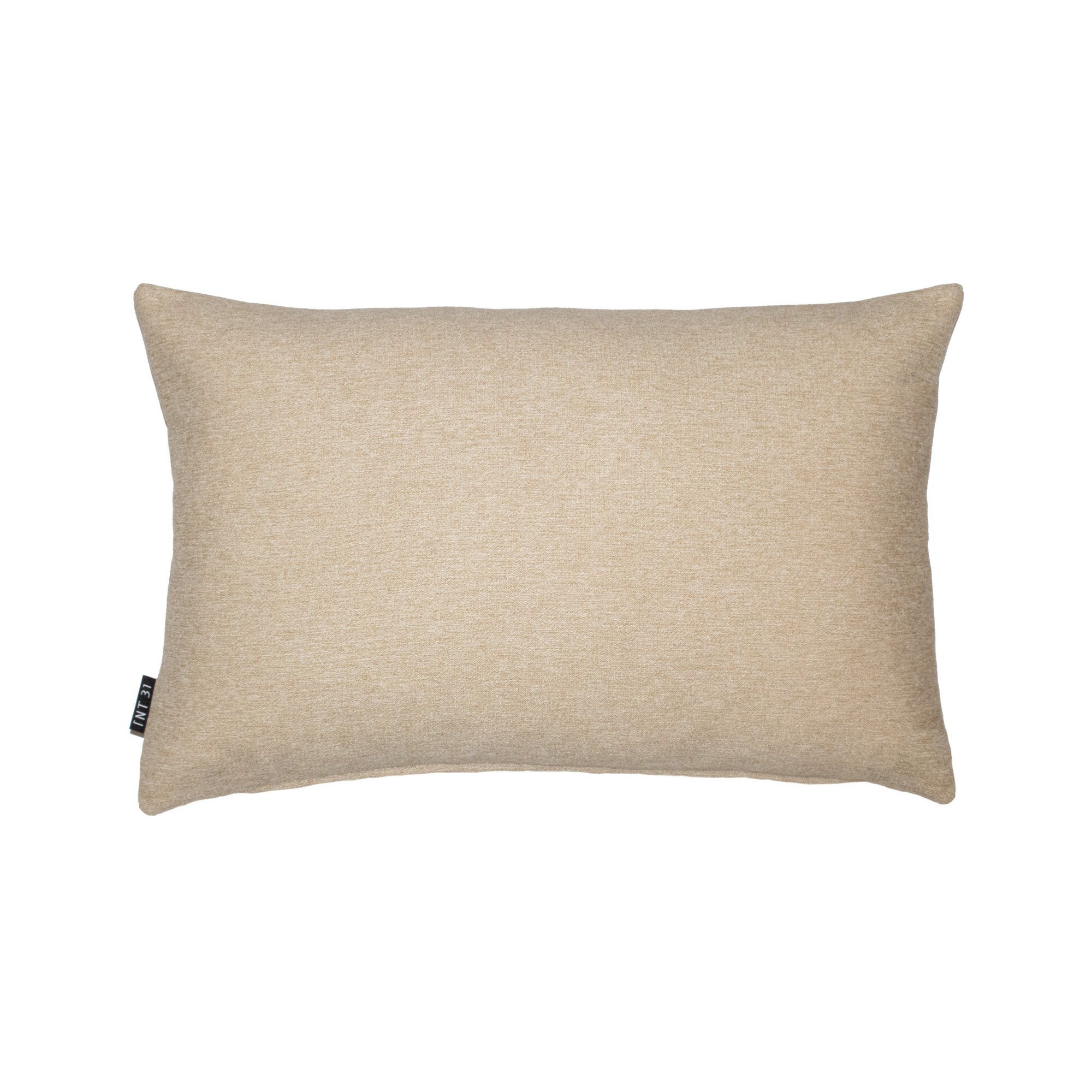 NASARA_03 decorative cushion in beige textile with brown leather panel and vertical seafoam stitched detail