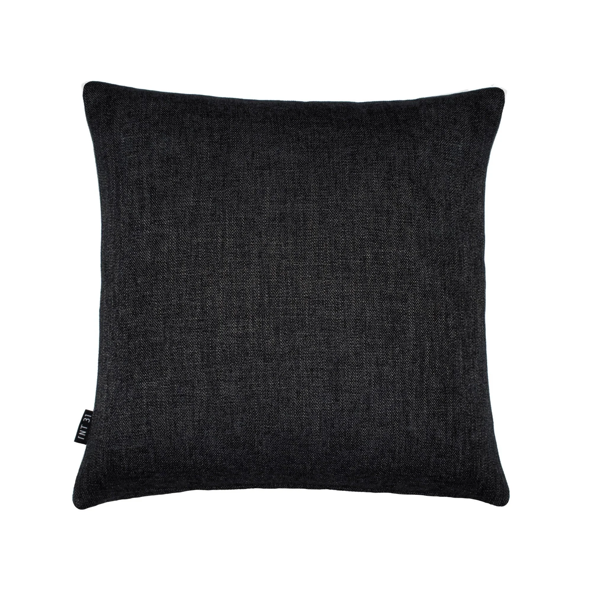 RAIO_01 decorative cushion in black textile with black leather panel and abstract light grey embroidered line detail