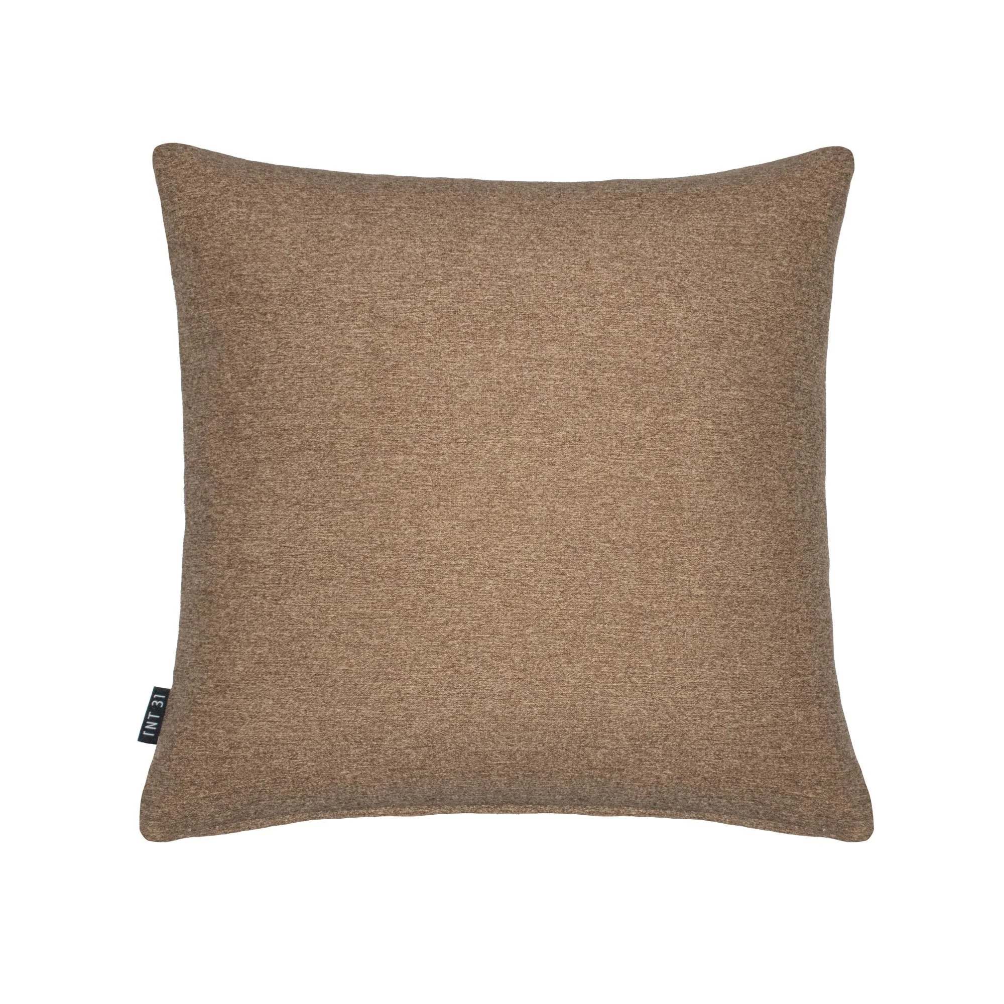 LUAR_02 decorative cushion in warm brown textile with central white circular embroidery detail