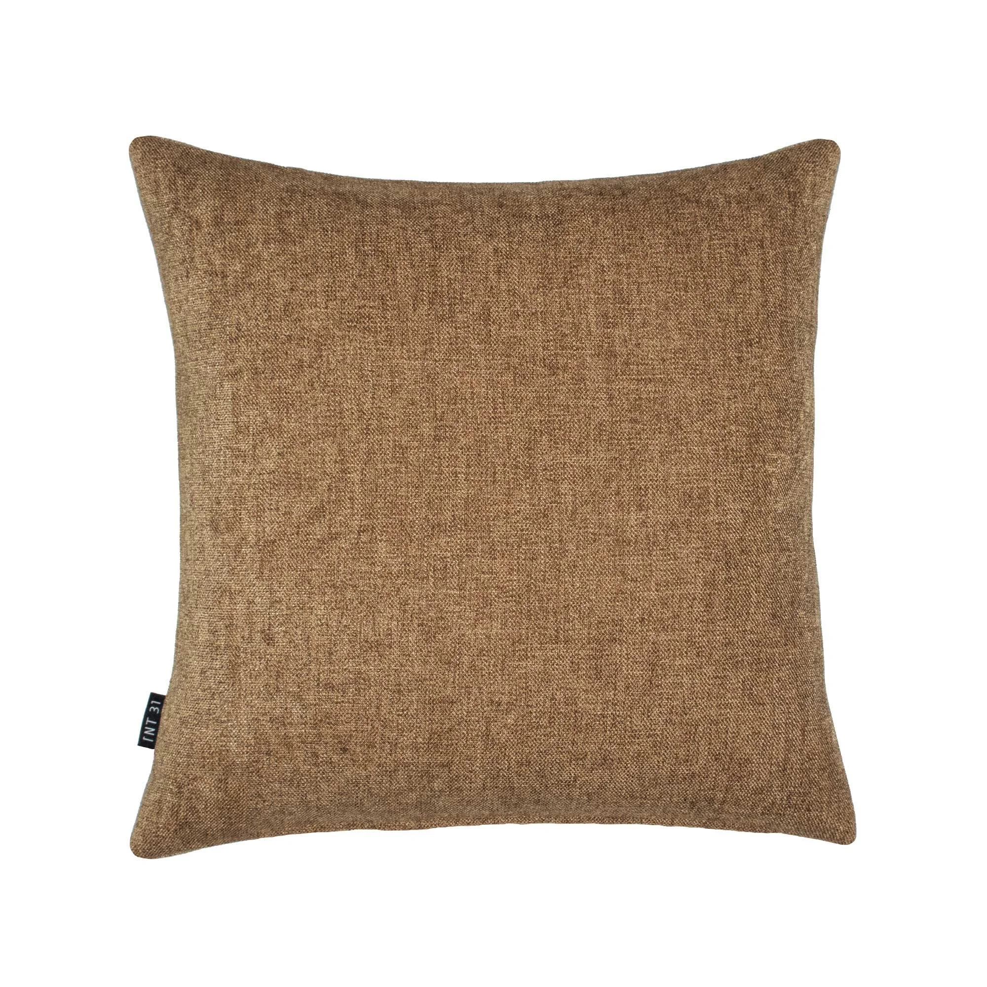 ELAMA_03 decorative cushion in dark brown and sepia textile with central brown leather panel and rust brown stitched line detail