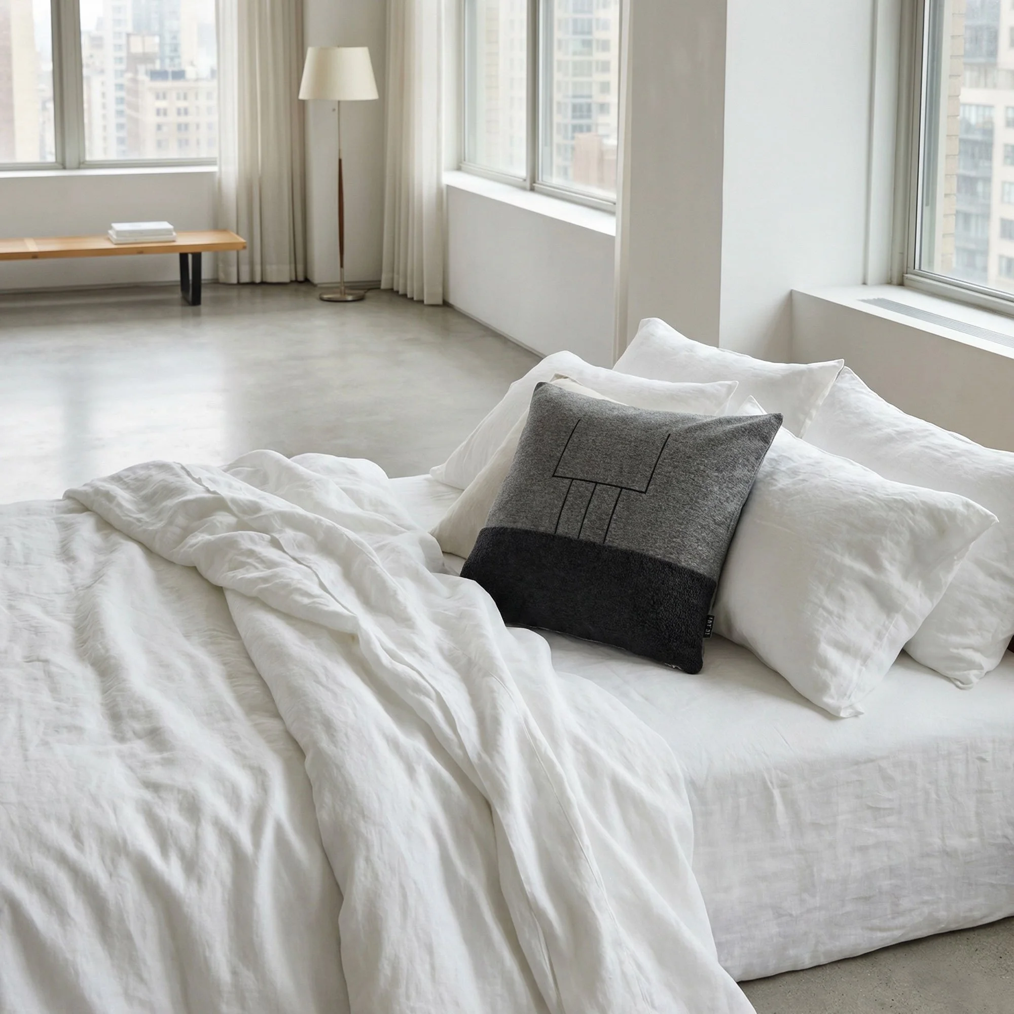 AIRE_03 grey and black textile cushion with minimalist white embroidered line design