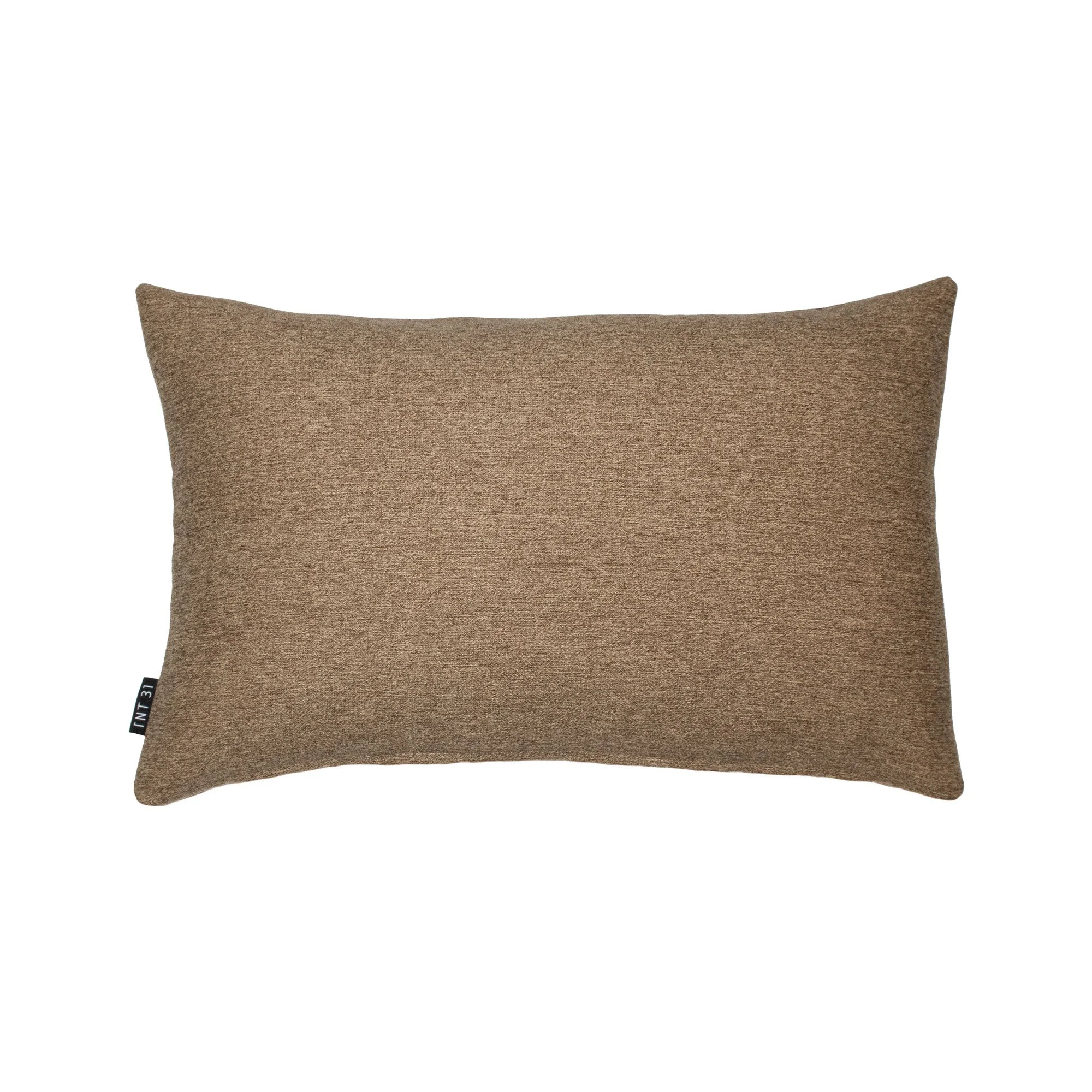 NASARA_01 decorative cushion in brown tonal textiles with black leather panel and vertical coral stitched detail