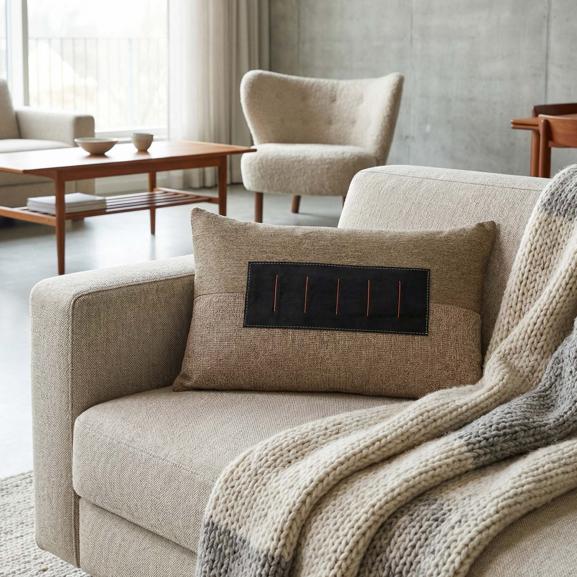 NASARA_01 decorative cushion in brown tonal textiles with black leather panel and vertical coral stitched detail