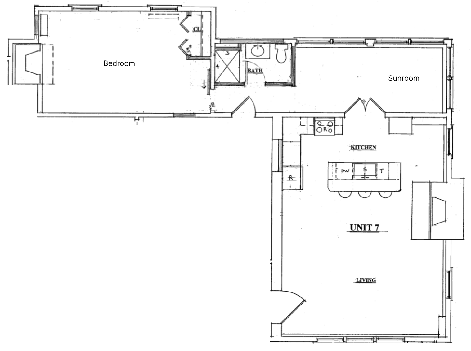 Unit 7: First floor 1 bedroom with sunroom