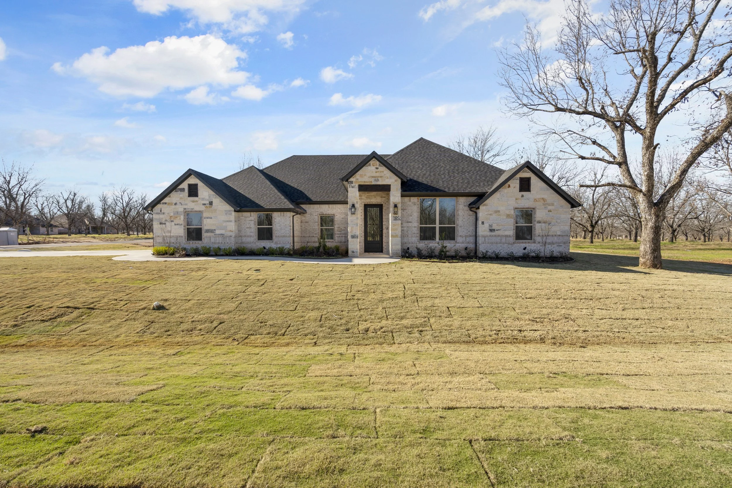 Large house with a brick exterior, dark roof, and front door, surrounded by a lawn and leafless trees under a partly cloudy sky.