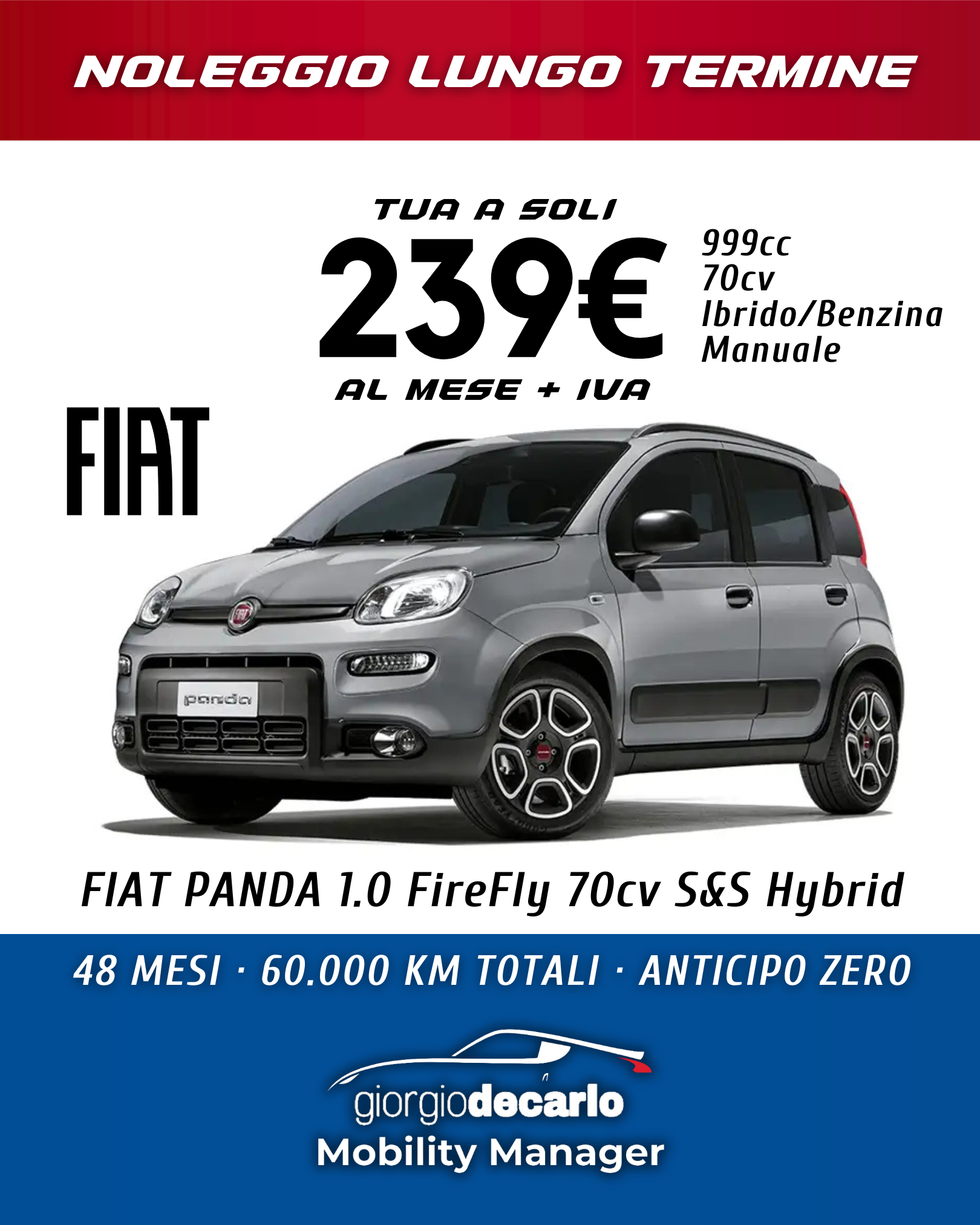 NOLEGGIO LUNGO TERMINE - Fiat Panda 1.0 FireFly 70cv S&S Hybrid