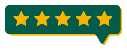 Five yellow stars inside a green speech bubble.
