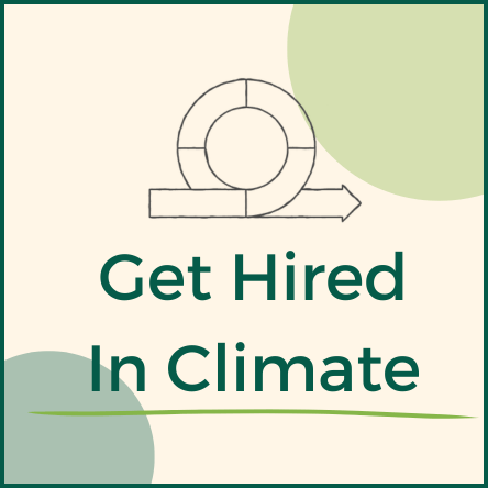 Logo with a circular arrow symbol and the text "Get Hired In Climate" in green.