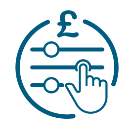 Icon with 3 touch control interface sliders and a hand adjusting one slider, featuring a pound currency symbol - symbolising that the Voqa One allows owners to control the tarif