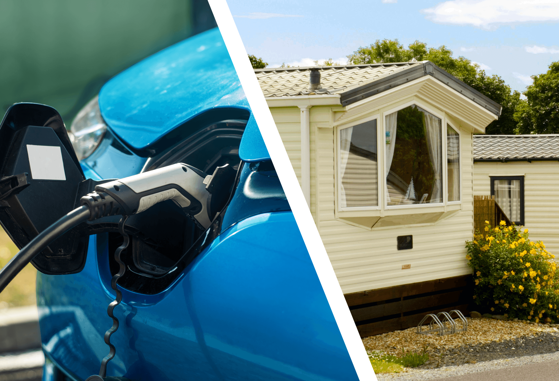 A blue Electric Vehicle being charged in a static caravan park