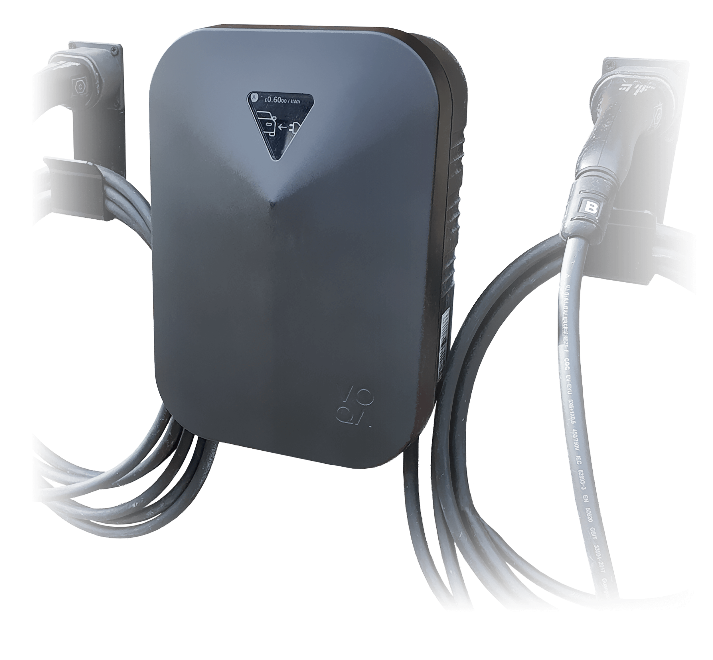 The Voqa One electric vehicle charging station with dual tethered cables attached