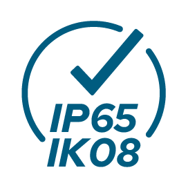 A logo featuring a check mark inside a circle with the text 'IP65 IK08' beneath it, indicating environmental and impact resistance ratings
